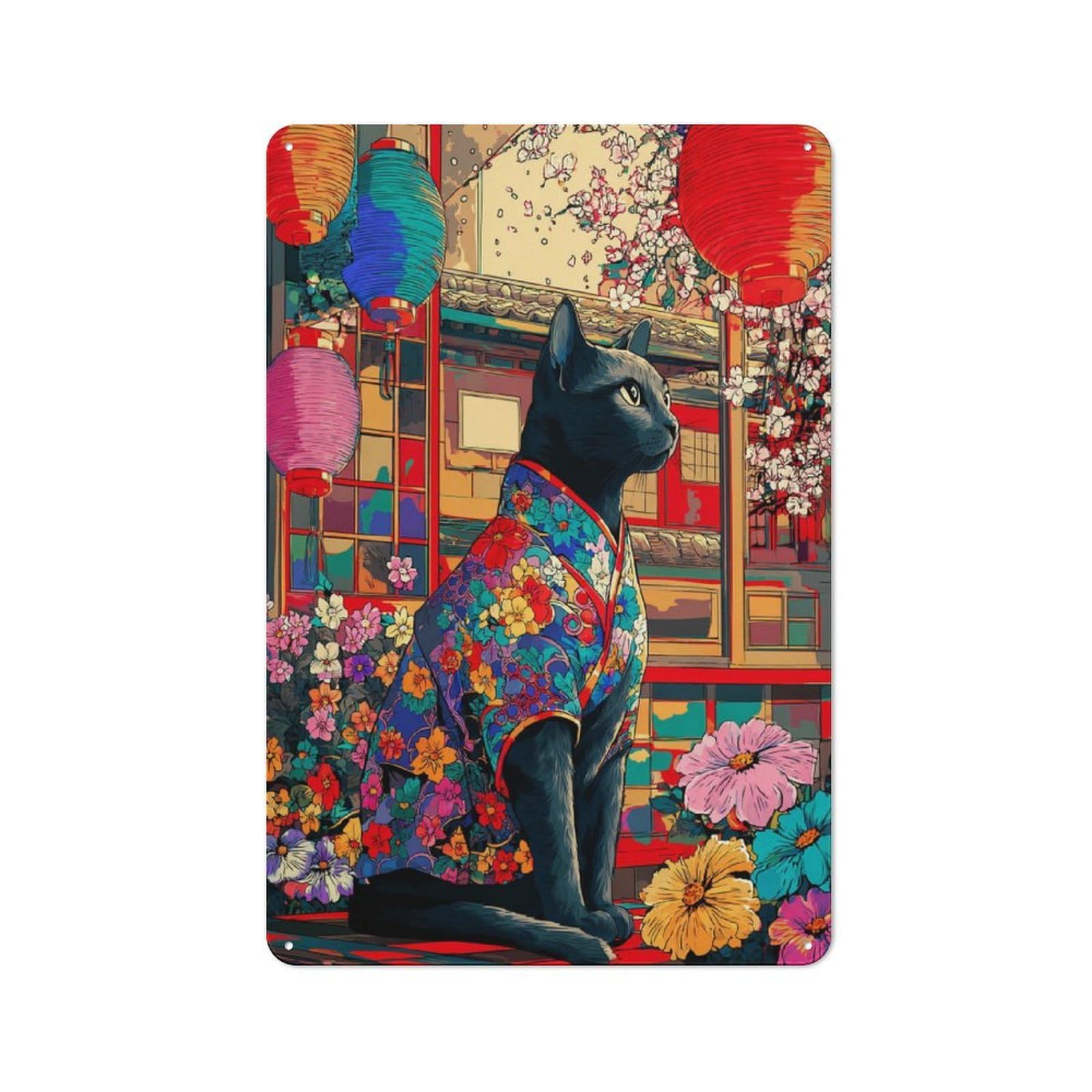 Junmoney Colorful Cat In Traditional Attire -1 Vintage Tin Sign 30X20cm Featuring For Café Or Home Bar, A Metal Wall Feature For Cafés And Home Bars