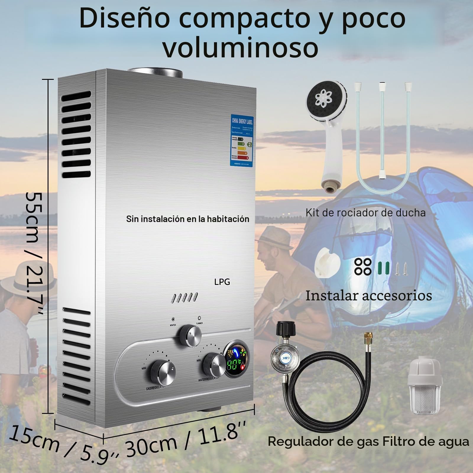 Calentador de agua de gas, 6LPM, calentador de agua instantáneo con gas, camping, GLP, propano, butano, 12 kW, acero inoxidable, presión de agua ultra baja, adecuado para la familia, autocaravanas