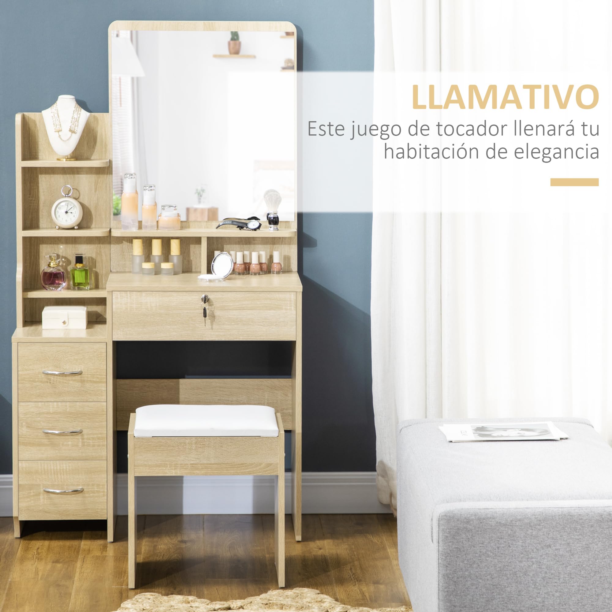 HOMCOM Tocador de Maquillaje con Taburete, Tocador con Espejo, 4 Cajones, Estantes, Compartimentos Abiertos, Estilo Moderno, para Dormitorio, Vestidor, 80x38x143 cm, Natural
