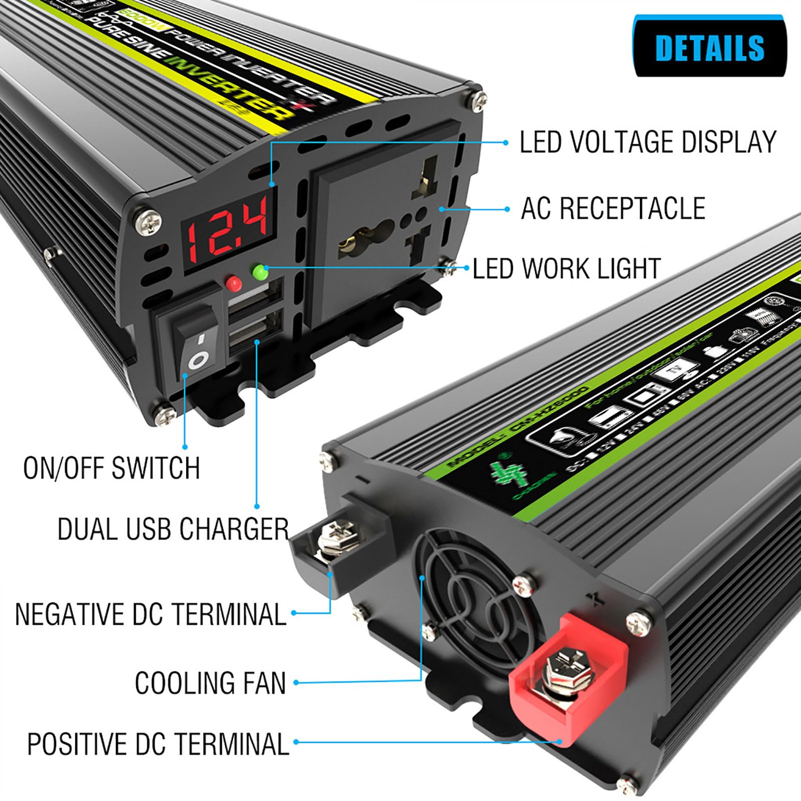 1 set completo di kit di alimentazione solare da 6000 W, inverter 12 V CC, pannello impermeabile da 18 W e regolatore di carica da 30 A for avventure all'aperto