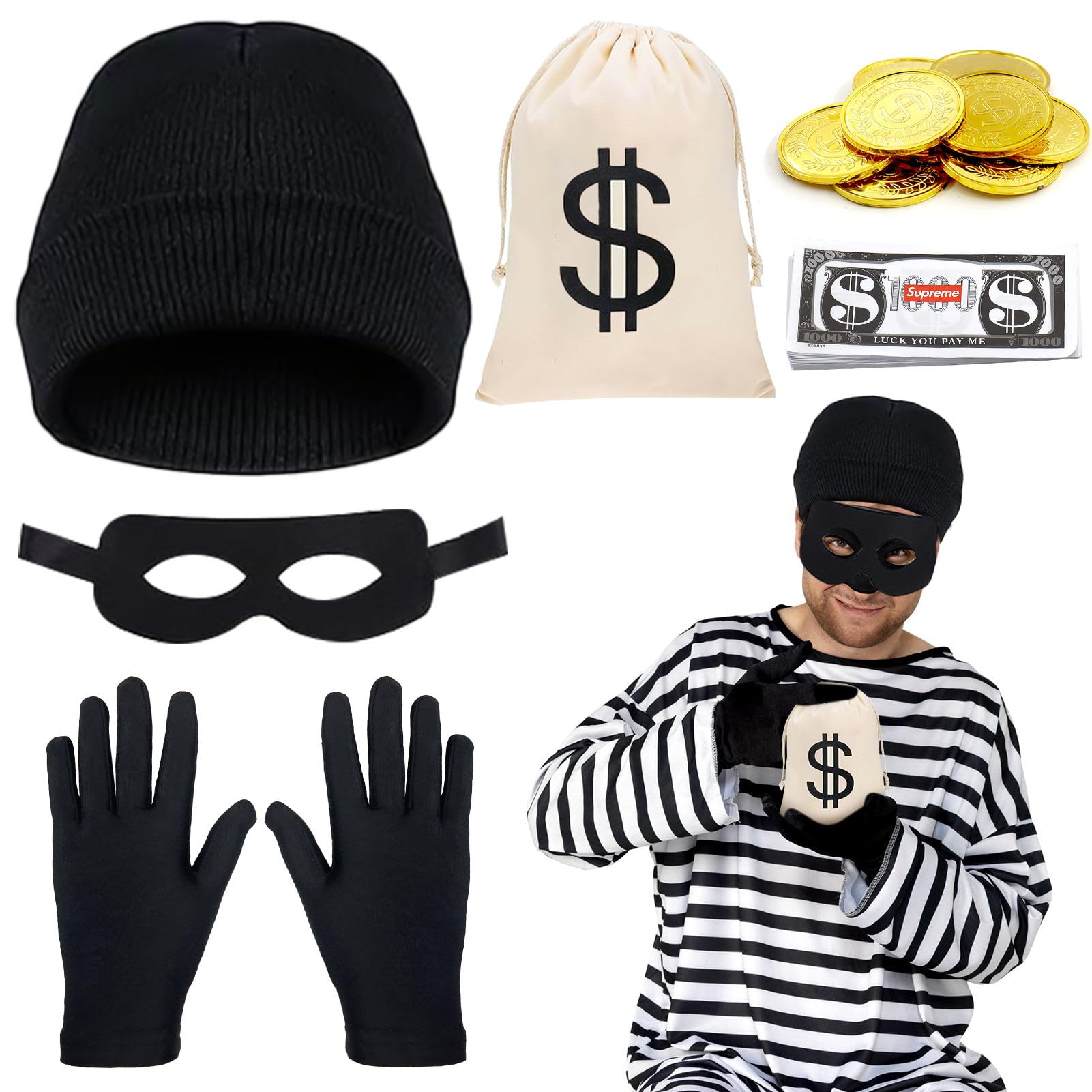 Halloween-Räuber-Kostüm-Set, 6-teilig – Mit Maske, Handschuhen, Tasche & Mehr