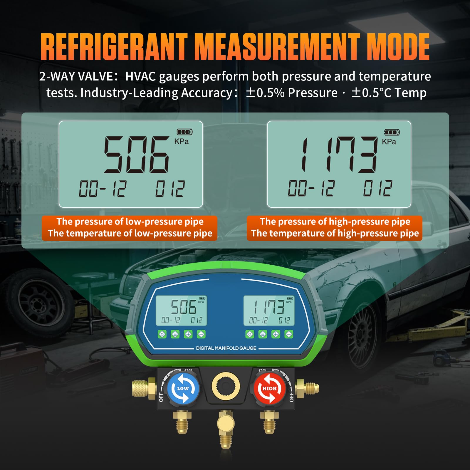 Digital Manifold Manometer, L302 Kältemittelanzeige HVAC -Verteilermessgerät für R32 R134a R410a 90 usw, Intelligenter Verteiler Mechnical Manifold Terminator