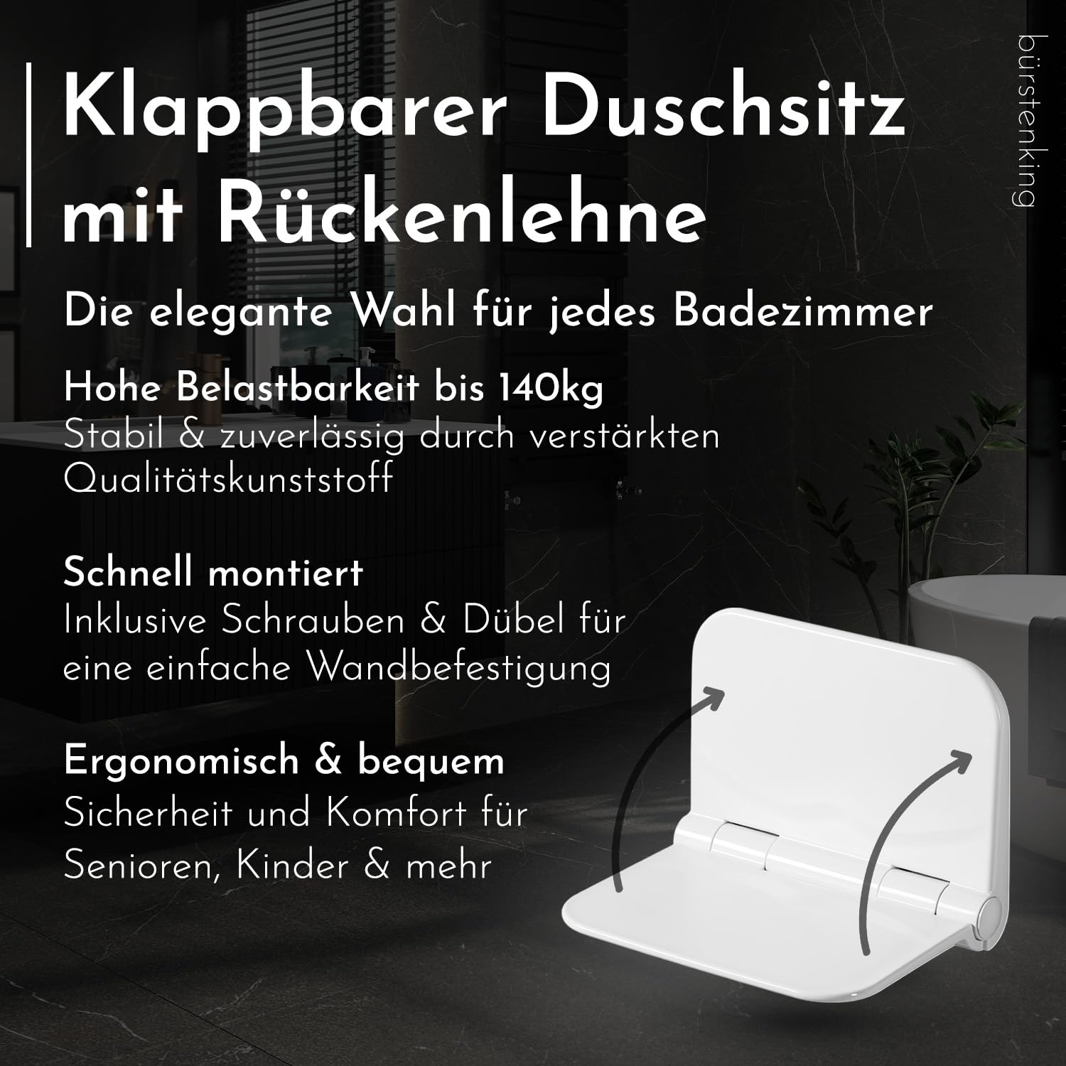 Bürstenking Duschklappsitz für Wandmontage mit Rückenlehne bis 140 kg belastbar, weiß – Ideal für Senioren Duschsitz klappbar, Wandmontage, Duschhocker, Klappsitz Wand Dusche
