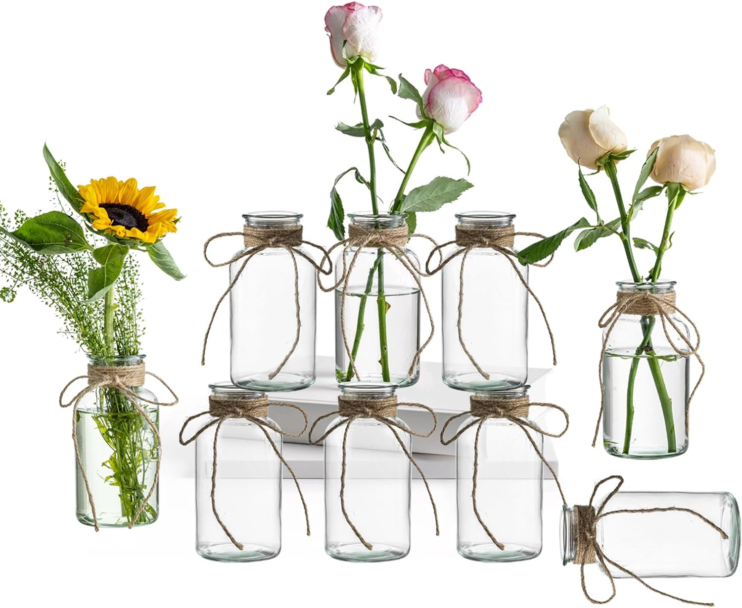 Vintage Glass Vases, Mason Jars for Centerpieces, Farmhouse Mason Jar Vase with Rope Design, Centerpiece Vases for Table, Wedding & Home Decor (9)
