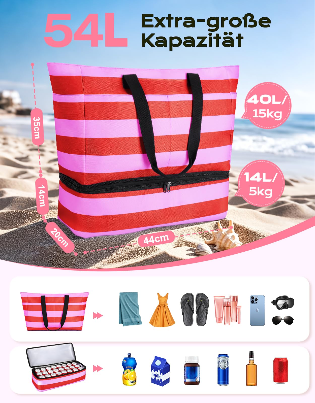 CIRYCASE Strandtasche XXL Familie mit Kühlfach, 54L Große Badetasche Strandtasche mit Reißverschluss & Nassfach, Faltbare Wasserdicht Beach Bag Mädchen Handtasche Shopper Damen für Reisen/Fitness/Pool