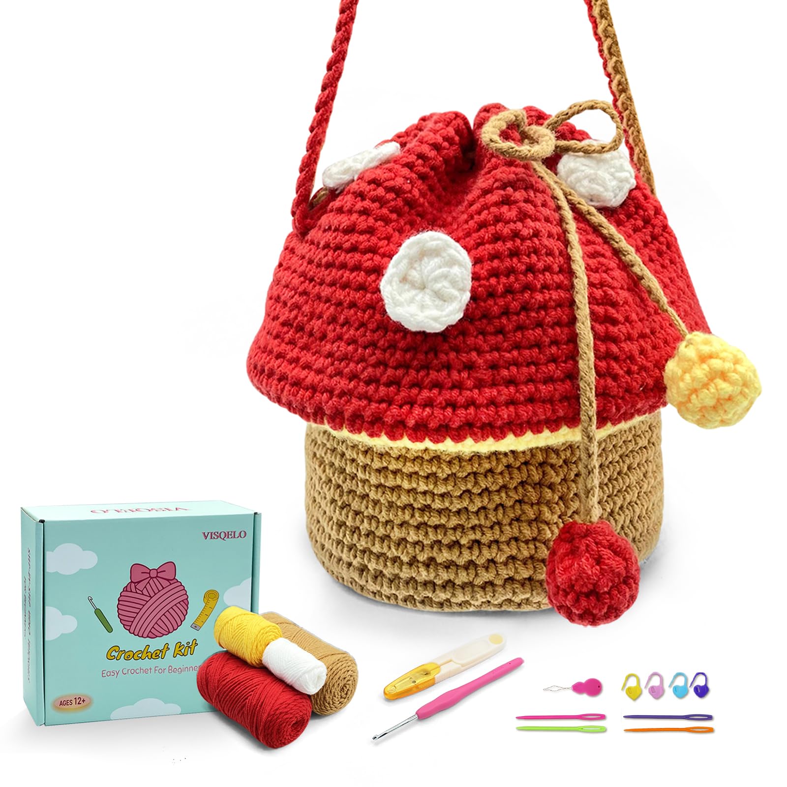 VISQELO Crochet Kit for Beginners with Step-by-Step Video, Cute Mushroom Crossbody Purse Bag Starter Set, Learn to Crochet Cottagecore Shoulder Bag Knitting Gifts for Women