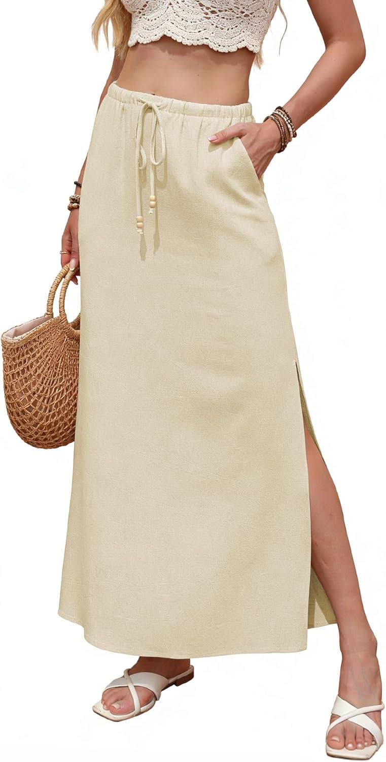Linen Maxi Skirts Slit Skirt Elastic Waist Drawstring Long Linen Slit Boho Skirts for Women with Pockets