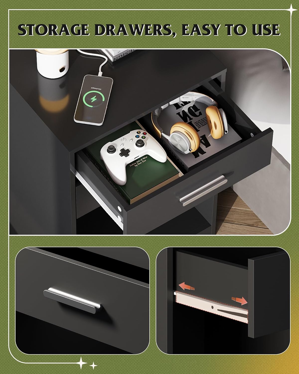 WLIVE Nightstand Set of 2 with Charging Station, Wood Night Stand Sets with 2 Drawers and Open Shelf, Bed Side Tables Bedroom, Living Room, Black - Image 5