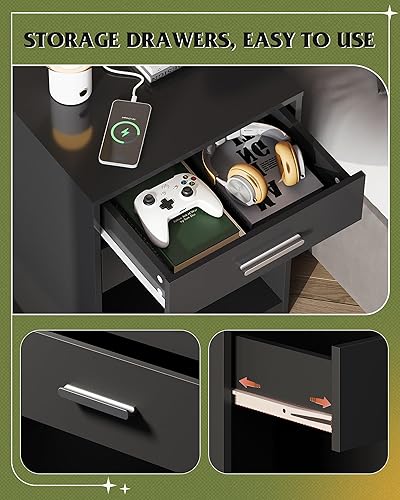 Miniatura 5 de WLIVE Juego de 2 mesitas de noche con estación de carga, juegos de mesa de noche de madera con 2 cajones y estante abierto, mesas auxiliares de cama