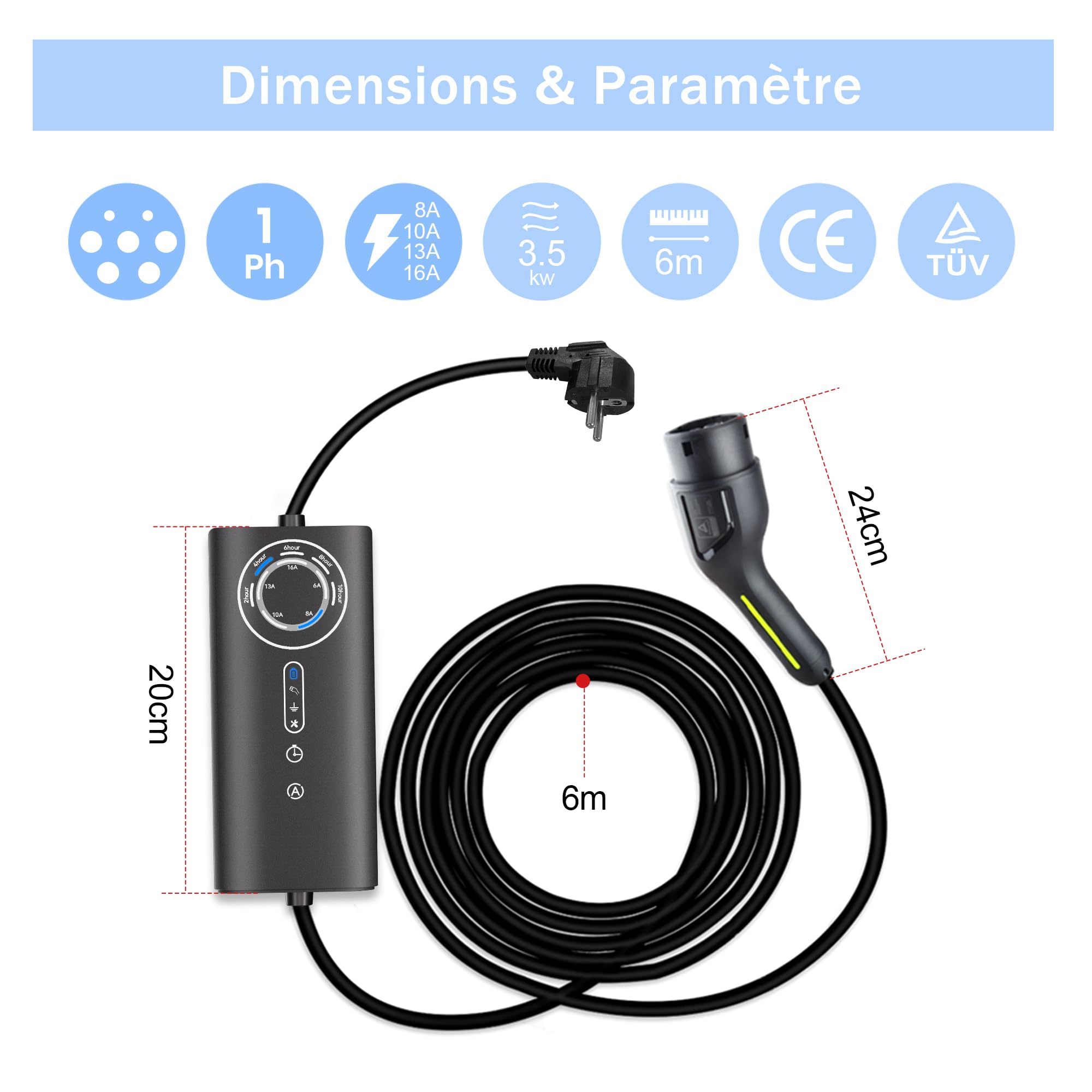 AWESAFE Chargeur Voiture Electrique [ 3,68 KW, 16A, 6m ] Courant Réglable 6-8-10-13-16A Prise Schuko avec Sac/Câble de Charge Type 2, Compatible avec E-208, Zoe, Spring, 500e, Model 3&Y et Autres BEV/
