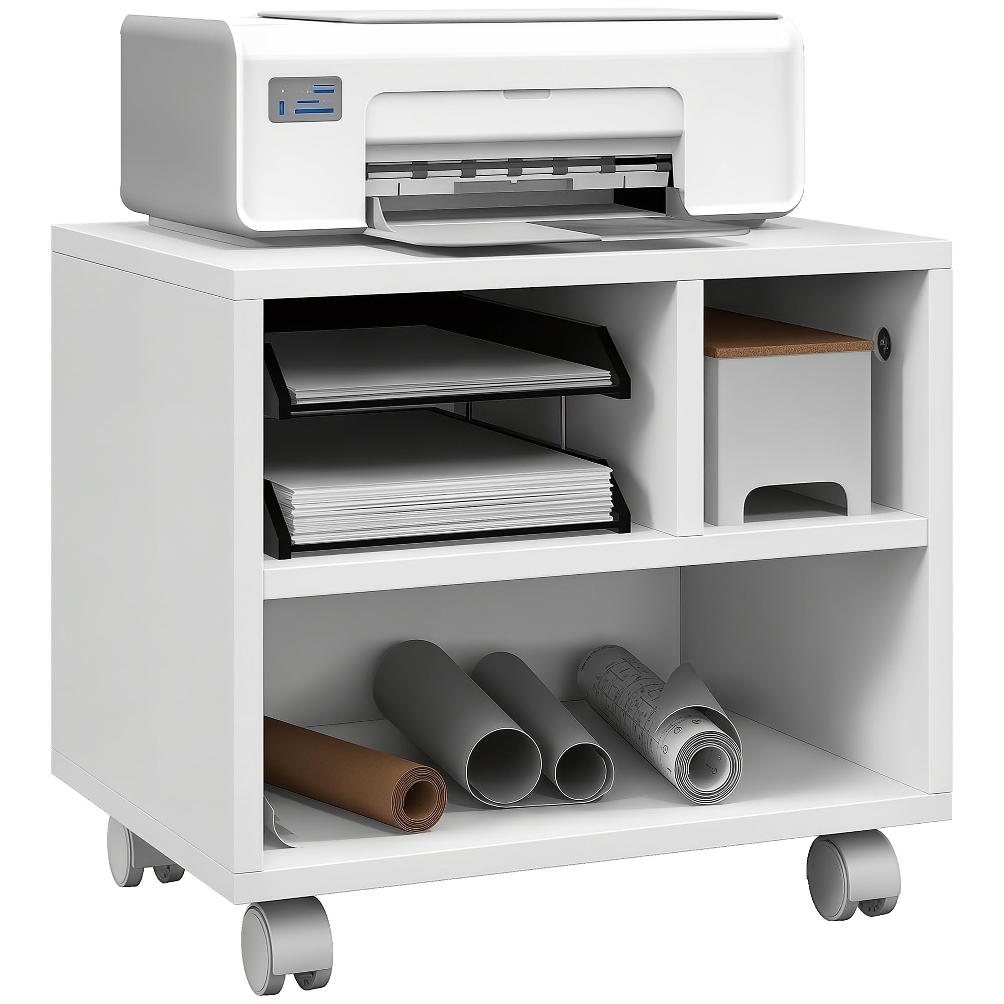 HOMCOM Mueble de Impresora con Ruedas Soporte de Impresora con Compartimentos Abiertos para Oficina Estudio 40x30x36 cm Blanco