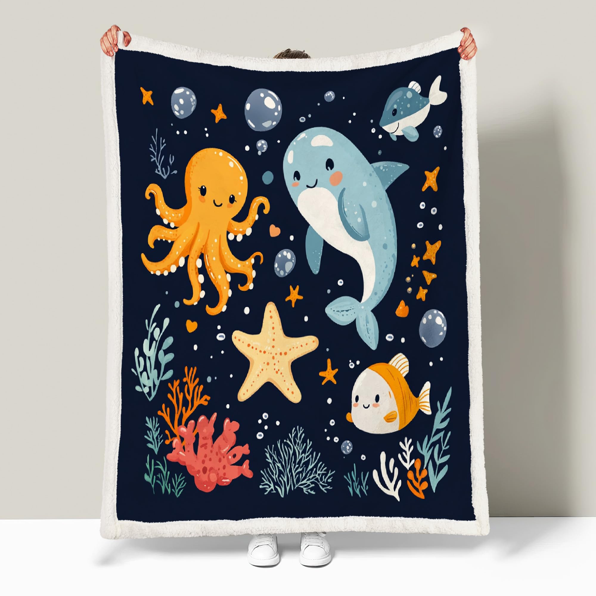Générique Océan Animaux Couverture Polaire Epaisse Hiver Adulte 3D Dessin Animé Mignon Plaid Canape Chaud Doux en Flanelle Jeté de Canapé pour Couvre lit 2 Personnes pour Fille Garcon 150x200 cm