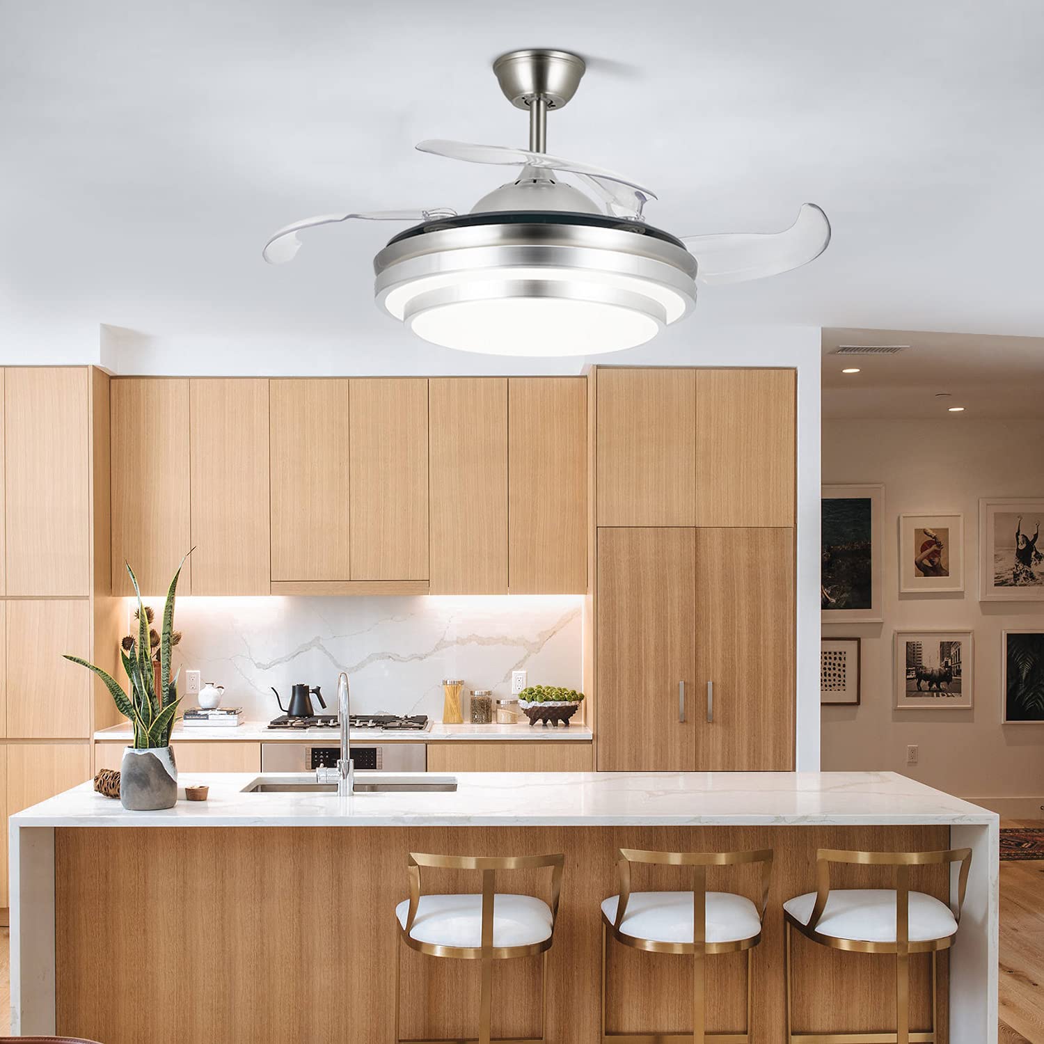 OBCGT 36" Retractable Ceiling Fan with Lights and Remote, Smart Ceiling Fan with Dimmable LED Lighting Fixture, Modern LED Fandelier Ceiling Fan Indoor for Kitchen, Bedroom, Living Room, Dining Room