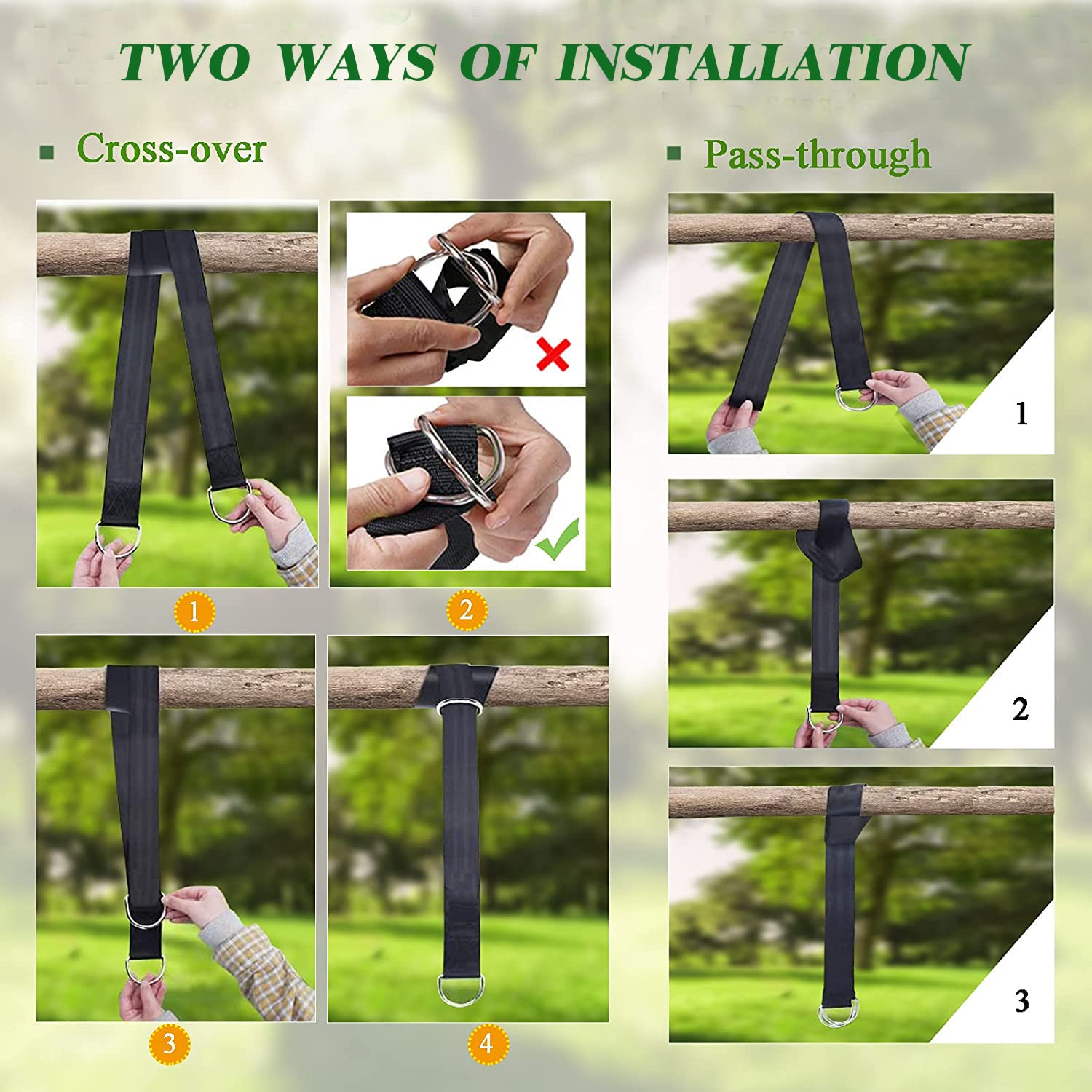 Set di fissaggio per altalena, set di fissaggio per amaca, altalena, altalena, kit con 2 moschettoni pesanti e anelli a D per giardino e esterni (1,5 m x 2)