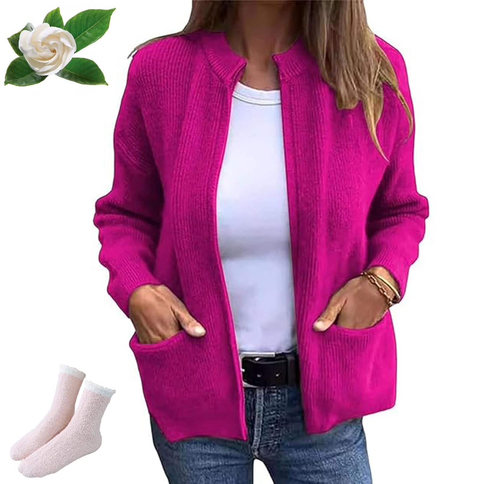 Round Neck Zipper Knitted Jacket Sweaters for Women with Zipper Womens Solid-Colour Knit Cardigans