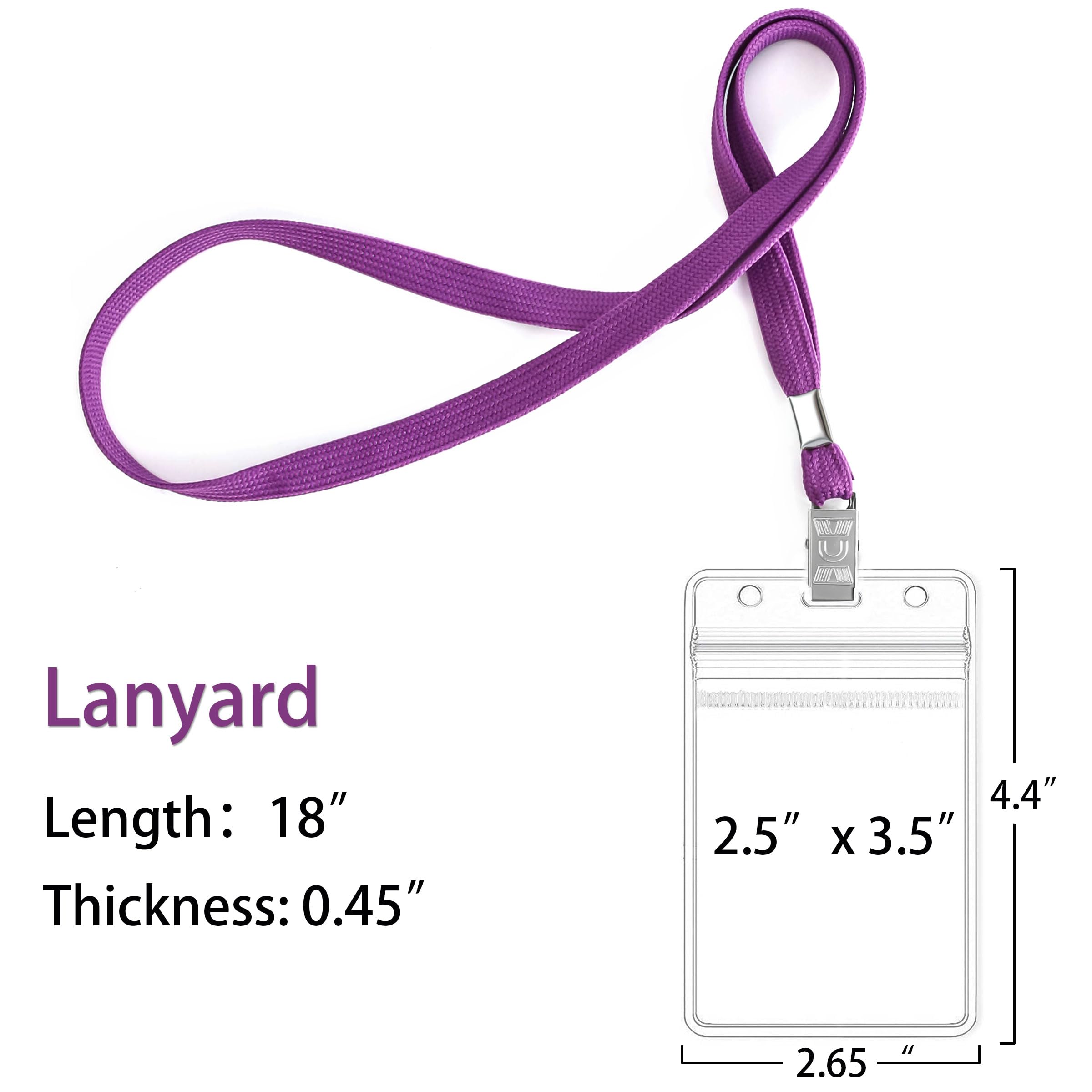 Lot de 100 porte-badges en plastique transparent et 100 cordons noirs avec clip (violet)