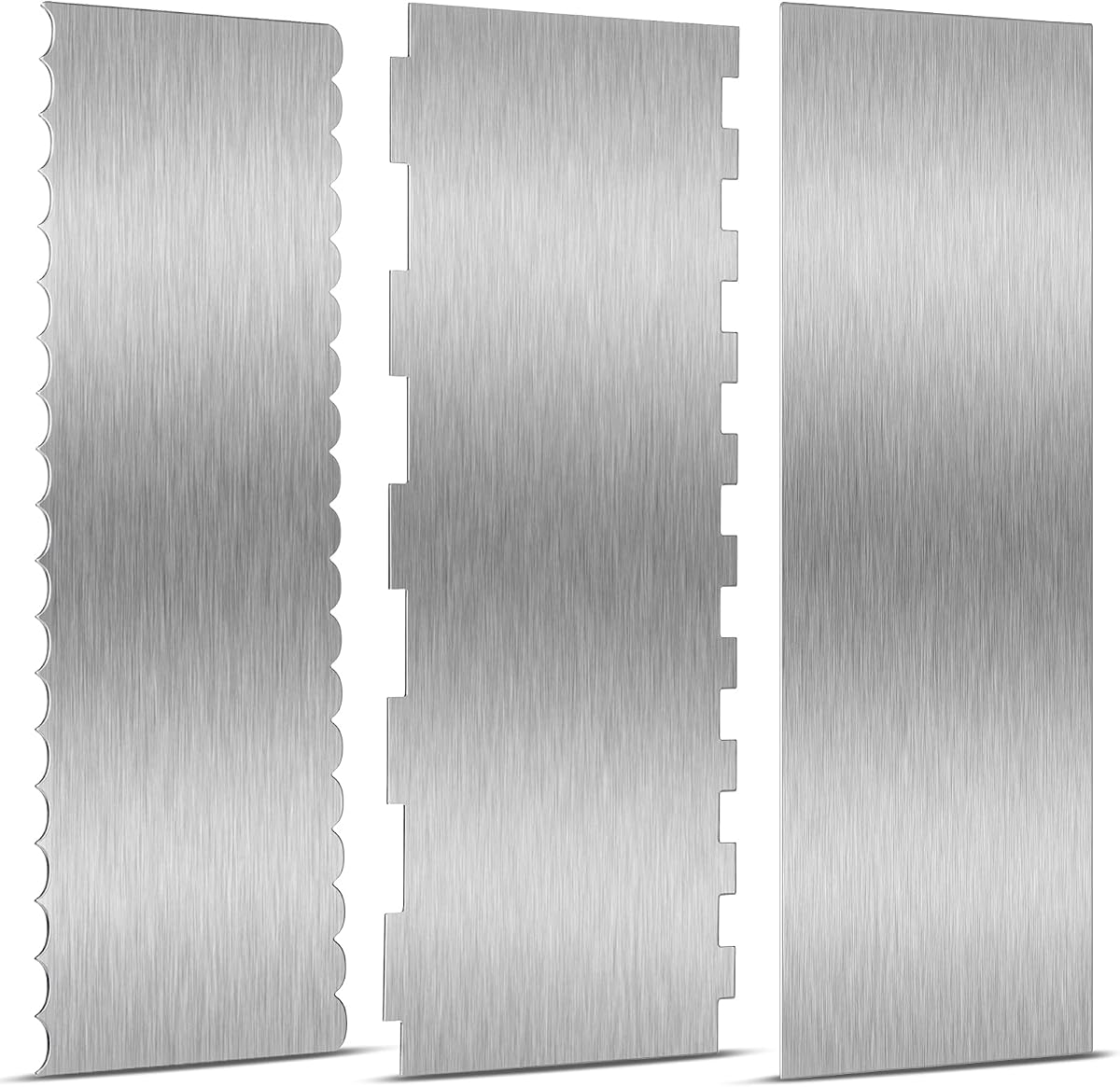 Patelai 3 Pcs Stainless Steel Cake Scraper, Double Sided Metal Smoother | 10 Inch 9 Inch, Stripe Wave Edges, Metal Smoother for Butter Cream Mousse Decoration, Pastry Cutter Comb, Double Sided