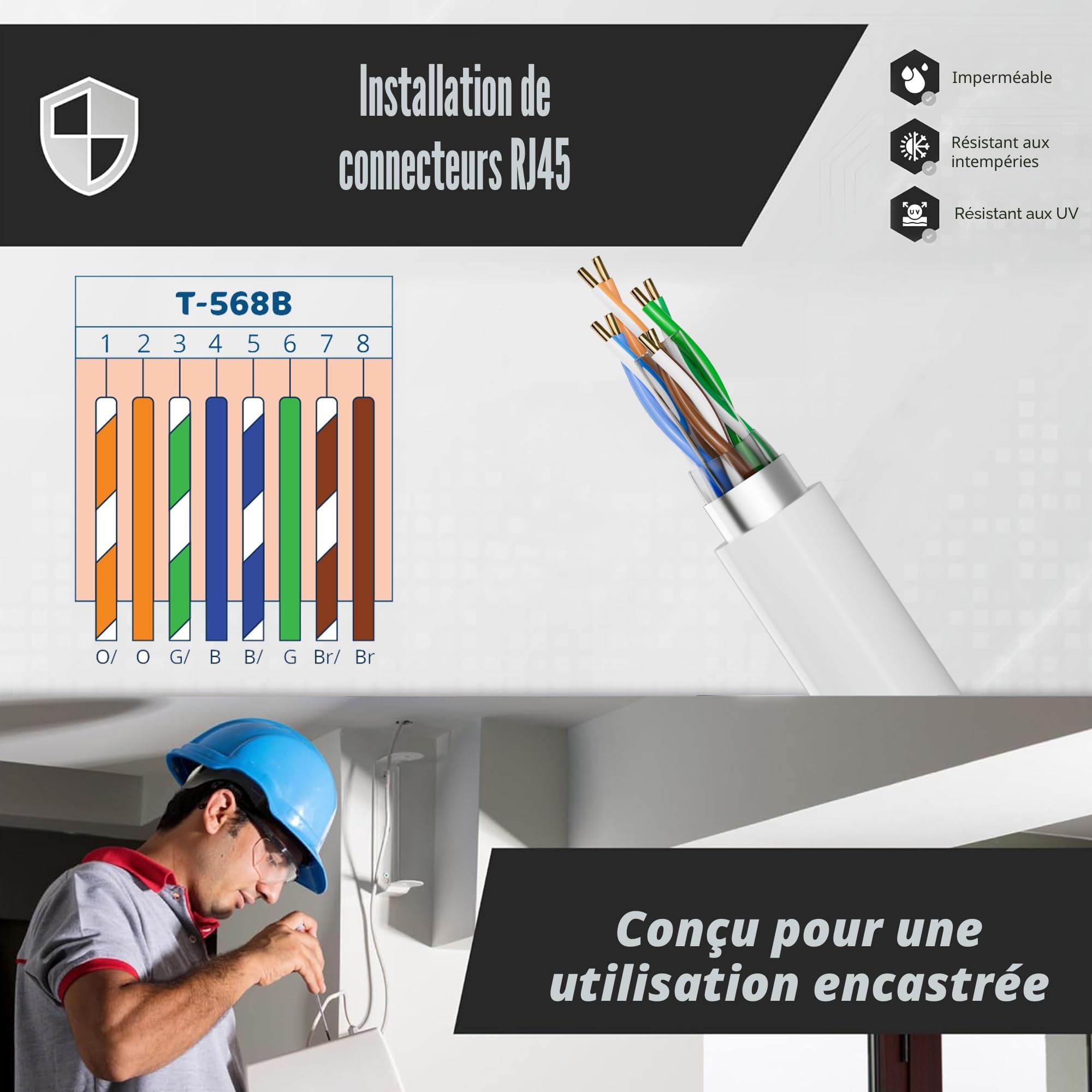 MEIPEK Cable Ethernet 50m, Rj45 Blindé Cat 6 Gigabit Câble Réseau Extérieur Anti-Brouillage Résistant Aux Intempéries FTP 23AWG LAN Internet Blanc 50 Mètres pour Modem Routeur