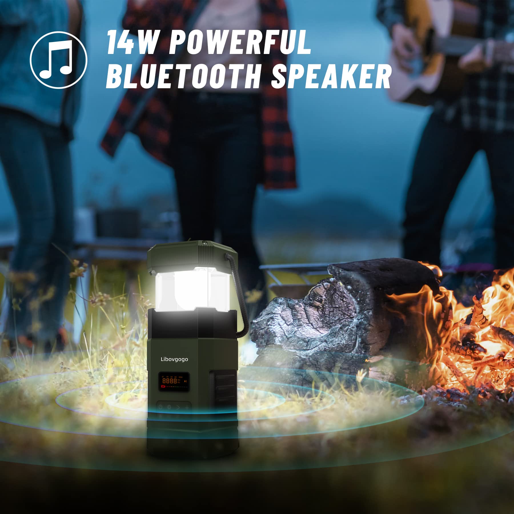 Wiederaufladbare LED Campinglampe, 3 Lichtmodi, IP65 wasserdichter Bluetooth Lautsprecher, 5000mah AM UKW Kurbelradio mit Handyladefunktion Solar, Taschenlampe, Stroboskoplicht, SOS Alarm