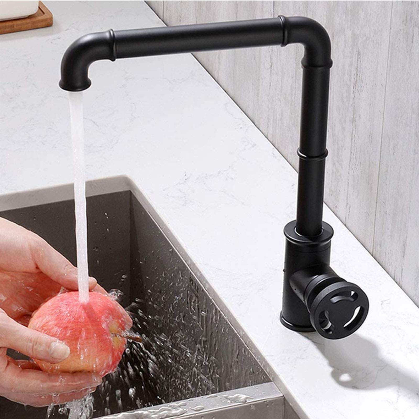 Grifo de Cocina Negro con Mezclador Giratorio de 360°, Estilo Industrial, Monomando para Agua fría y Caliente, Acabado Negro Duradero y Elegante.