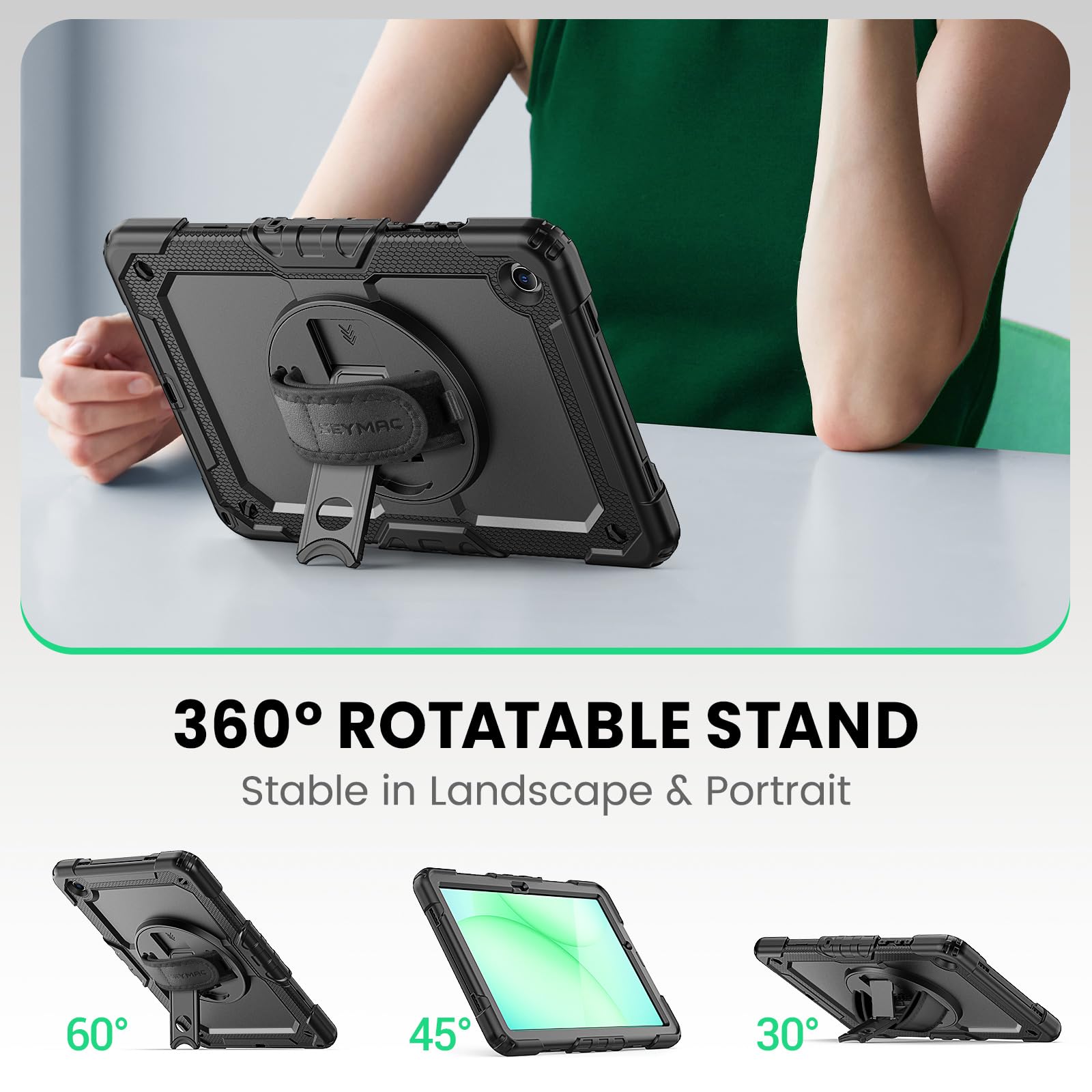 SEYMAC Hülle für Samsung Galaxy Tab A11 Plus 11 Zoll 2025 (SM-X230/X235/X236), Stoßfeste Tab A11+ Hülle mit Displayschutz, 360° Drehbarer Ständer/Handschlaufe, Schultergurt, Stifthalter, Schwarz