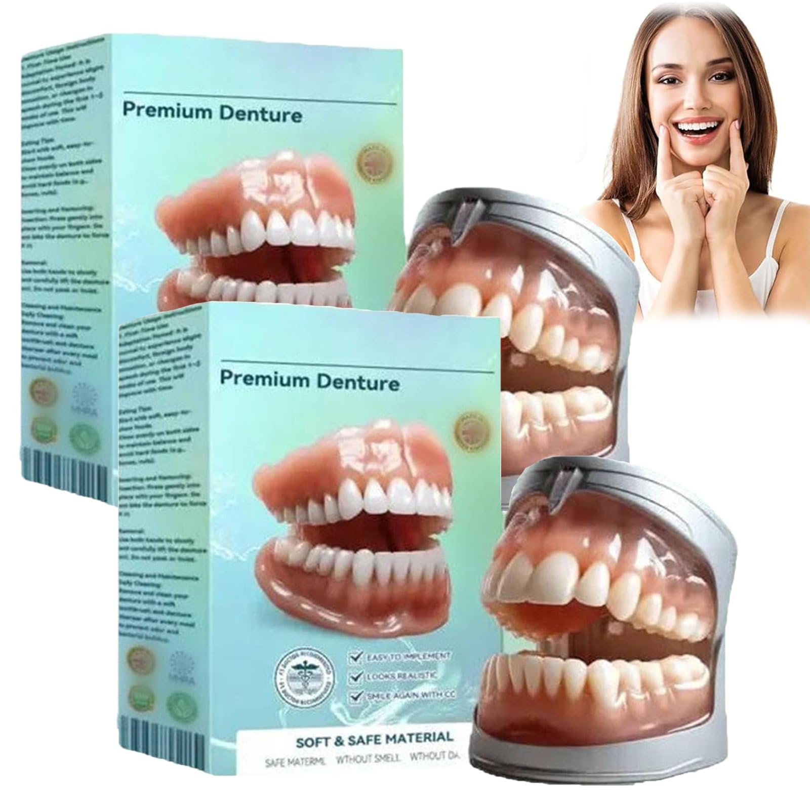 Prothèses dentaires complètes Premium - Prothèses dentaires confortables et sur mesure avec technologie de rebasage en silicone, résistantes à la déformation (2pcs)