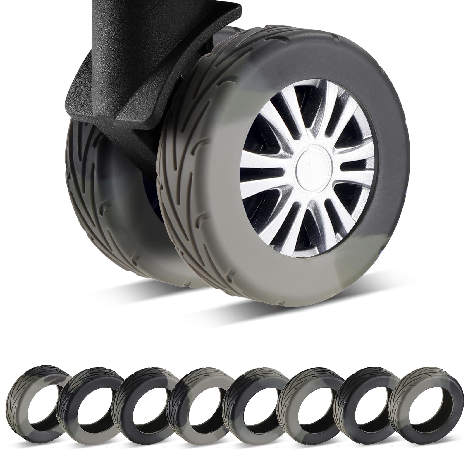 Wanzhuango 8 Pcs Upgrade Luggage Wheel Covers, Wear-Resistant, Anti-Noise, Silicone Wheel Protective Covers for 2-2.4" Spinner Wheel (Gradient Black & Gray)