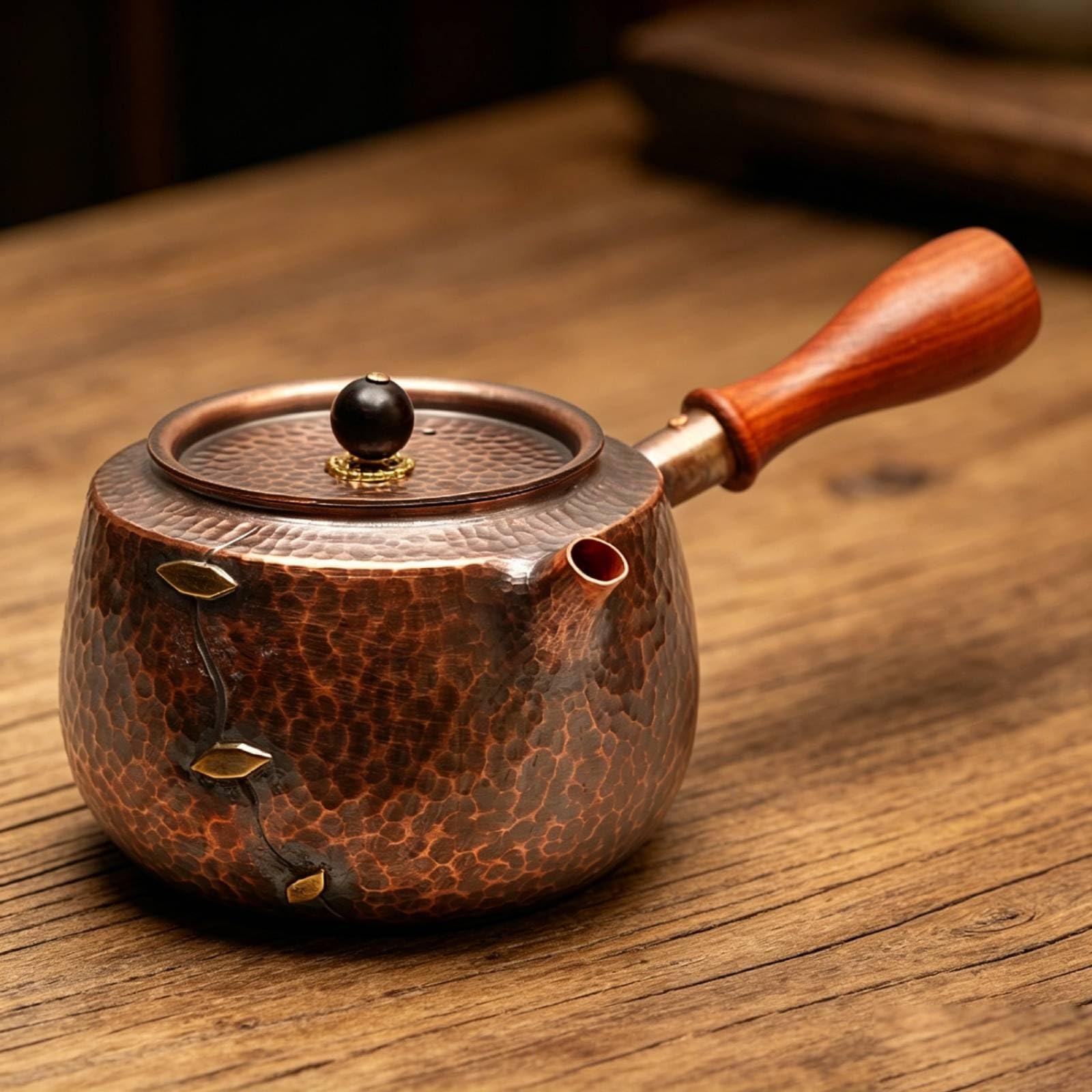Tetera Cobre Resistente Al Óxido Tetera con Tapa Compacto Hervidor para Aficionados Al Té, Cocina, Oficina, Tetera De Cobre Con Mango Lateral Y Diseño De Parche Envejecido