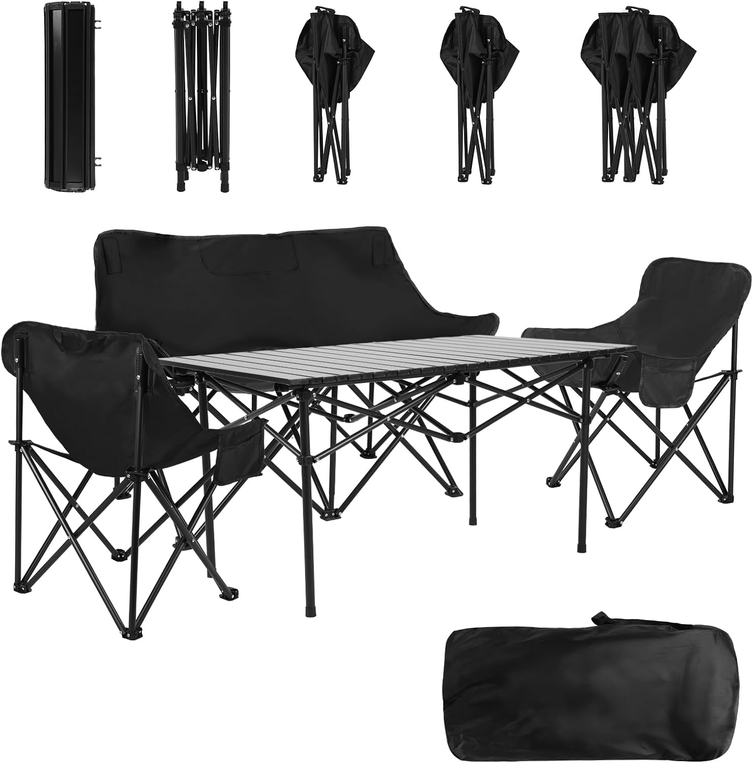 4Pcs Folding Table Chair Set with 1 Sofa 2 Single Chairs 1 Table, Portable Lightweight Collapsible Tables and Chair, for Outdoor, Camping, Hiking, Travel Black