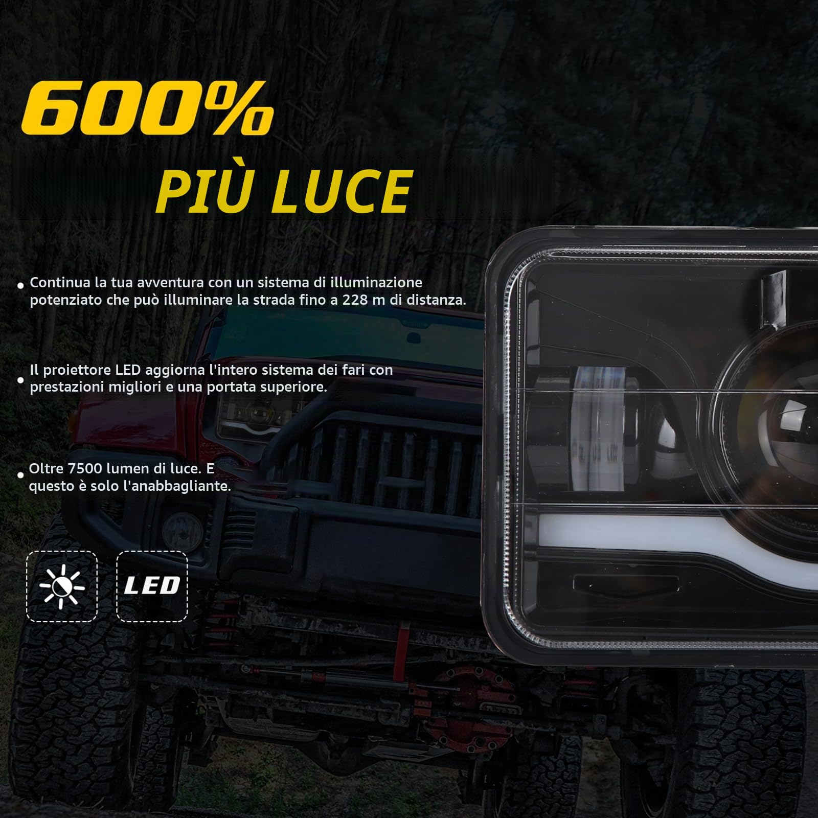 Shkalacar Fari rettangolari da 2 Pezzi, Faro LED Auto 4x6 Pollici fari rettangolari da 5 Pollici con abbaglianti e anabbaglianti DRL di Ricambio per Peterbilt Kenworth Freightliner Ford Probe
