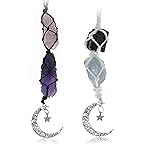 BOHO GARDEN Hanging Car Charm - 2-Pack Rose Quartz & Amethyst + Black Tourmaline & Blue Calcite - Dangling Moon & Healing Crystal Accessories, Rearview Mirror Decorations - Protection, Energy