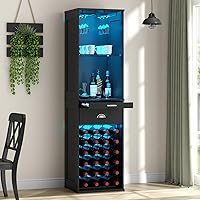 Loomie 65'' Tall Wine Bar Cabinet with LED Lights, 24-Bottle Rack, Glass Holders, Drawer & Adjustable Shelves - Black Freestanding Liquor Cabinet