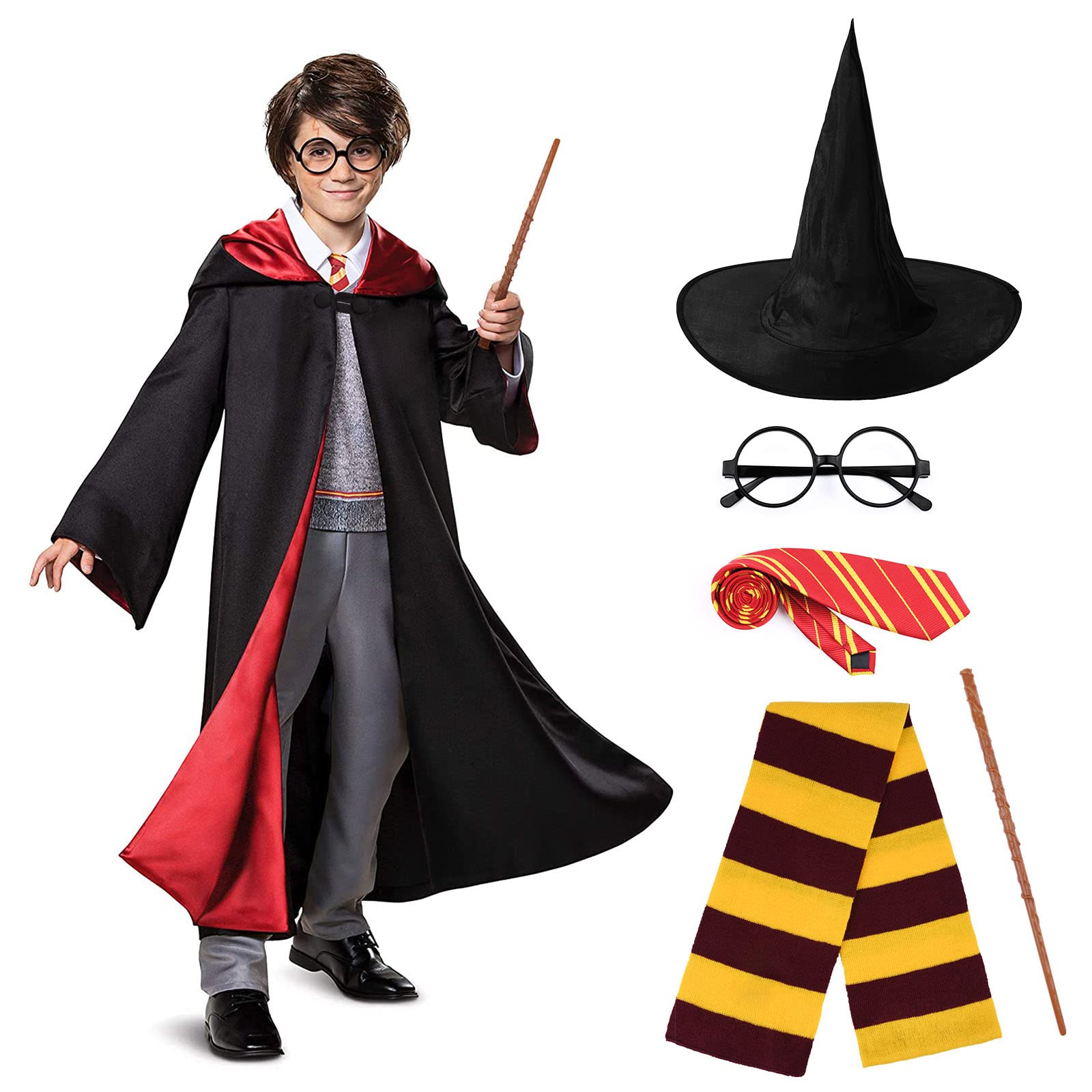 URAQT Disfraz Halloween Niñas y Niños, 5pcs Disfraz Mago Niño College Cosplay con Capa Negra con Capucha, Sombrero Seleccionador, Varita, Corbata, Gafas y Bufanda, Disfraz Niño Unisex de Cosplay