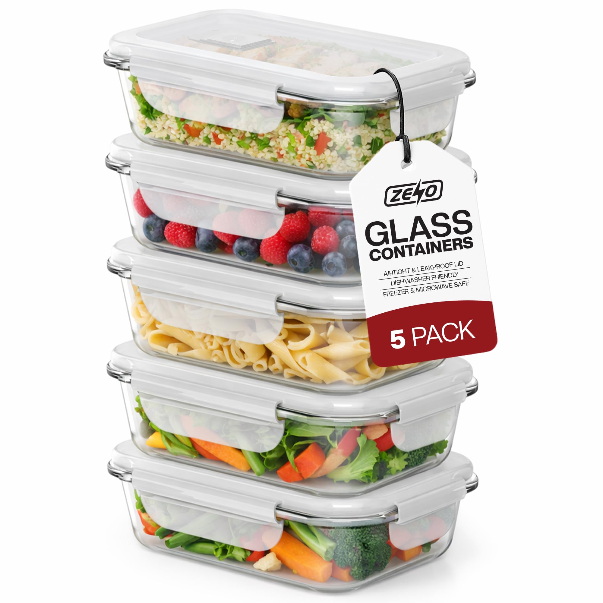 ZENO Glass Containers with Lids 5 Pack | Meal Prep Containers | Glass Food Container with Lid, Airtight Seal, Leakproof Lid | Dishwasher Safe | Freezer & Microwave Safe | 1050ml