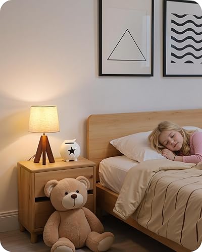 Miniatura 6 de LE51TL05 - Lámpara de mesa pequeña con trípode, moderna lámpara de mesita de noche con pantalla de tela, lámpara de escritorio de madera bohemia