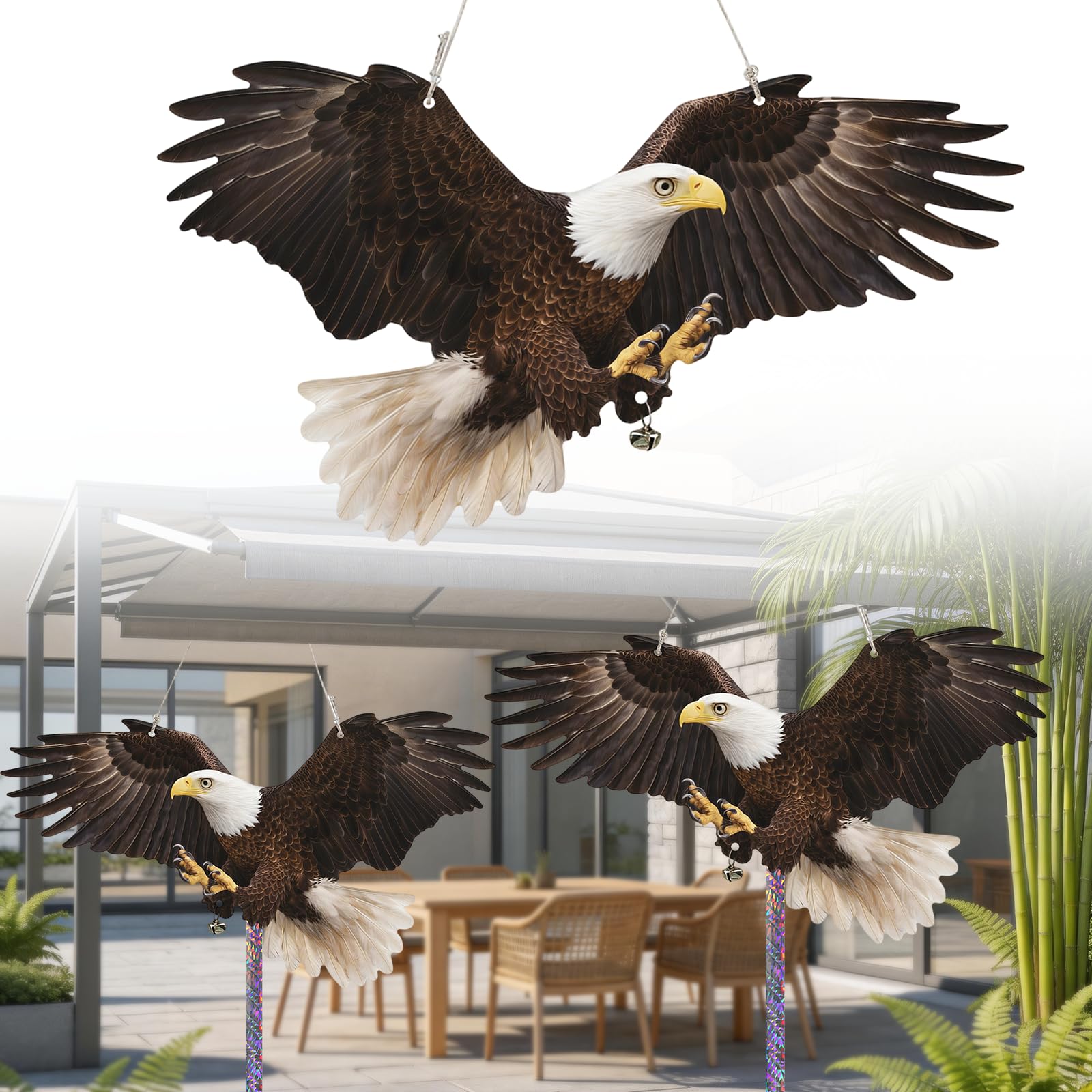 4 Pack Fake Eagle Decoy to Scare Birds Away, Hanging Flat Paper Fake Eagle with Reflective Scarer Tape and Bell, Pigeon Deterrent Bird Scarers for Gardens Repellent Devices Pigeon Scarer for Gardens