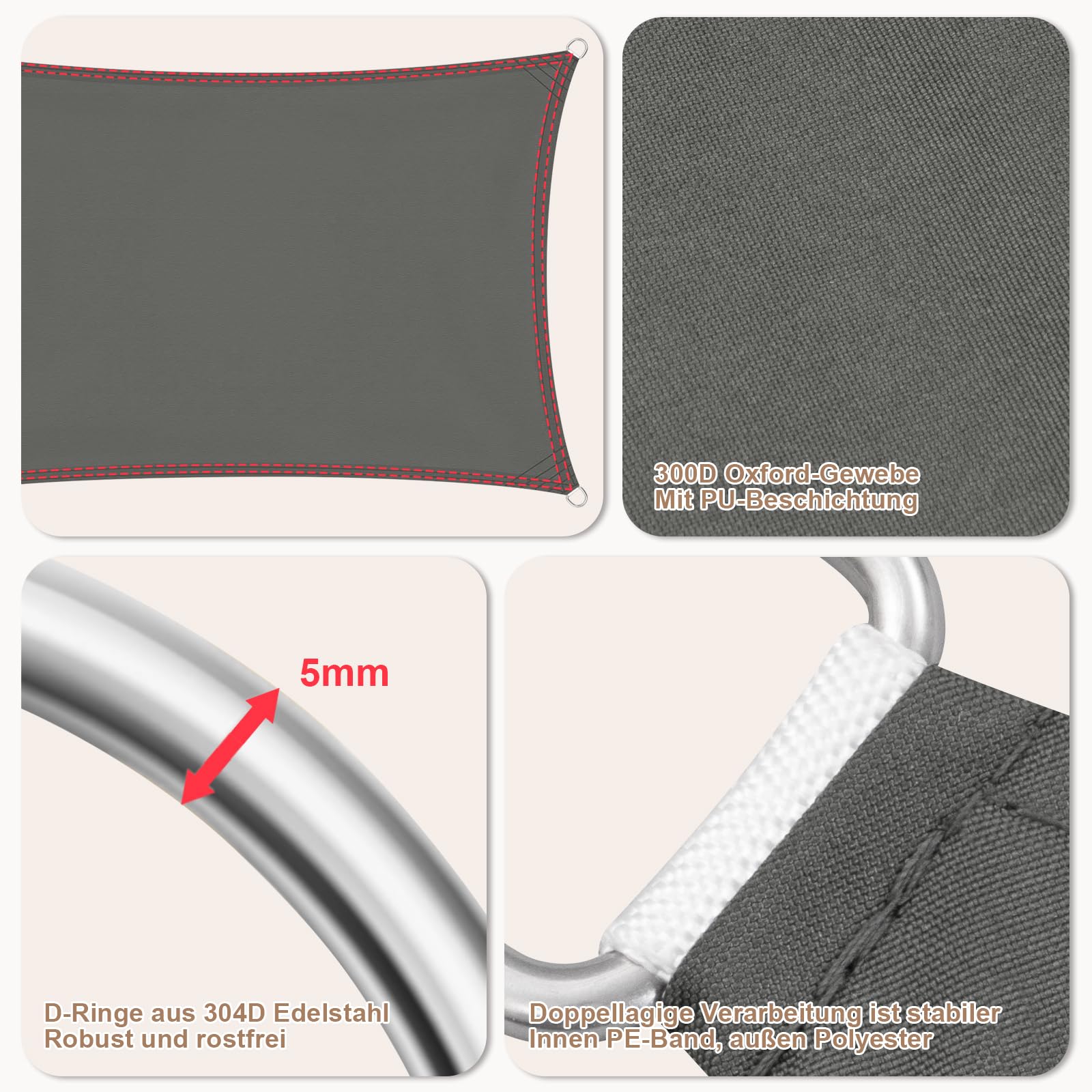 WOLTU PES Sonnensegel 300D Oxfordgewebe Neumaterial mit PU-Beschichtung | 1000MM Wasserstandfestigkeit, 95% UV-Schutz | 5mm 304 Edelstahlringe, Doppelschichtgurte für Balkon Garten/Terrasse/Pool