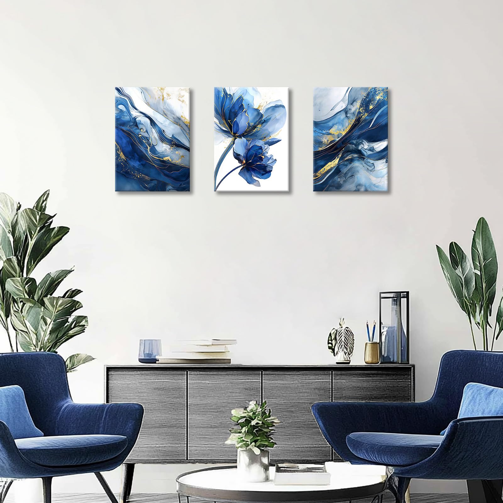3 Pcs Wooden Framed Canvas Wall Art Canvas Prints Watercolour Gold Blue Lotus Flower Painting Abstract Navy Blue Marble Pictures for Living Room Bedroom Bathroom Hallway Home Wall Decor 40x60 cm x3pcs - Image 4