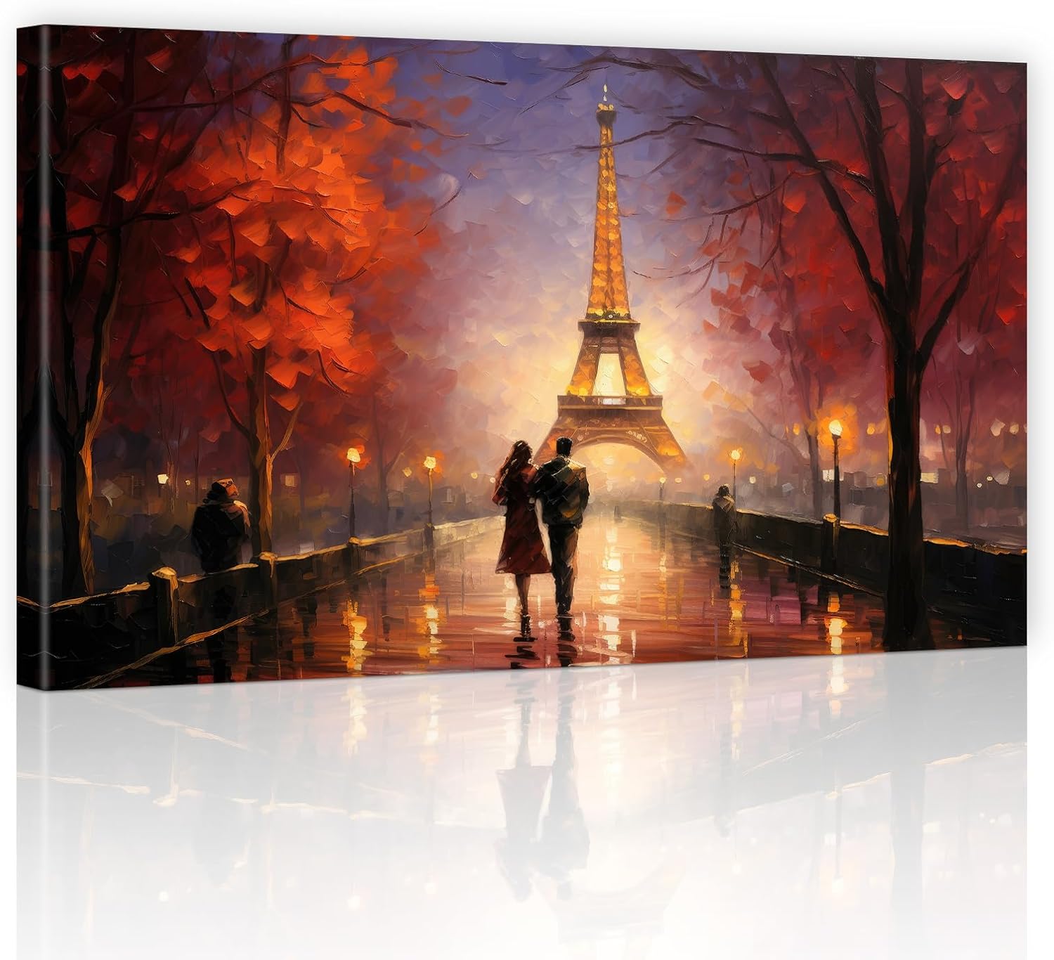Romantic Paris Eiffel Tower Canvas Wall Art - Autumn Cityscape with Romantic Couple Walking on the Street, Ideal for Living Room, Bedroom Decor - Ready to Hang 16x24inch