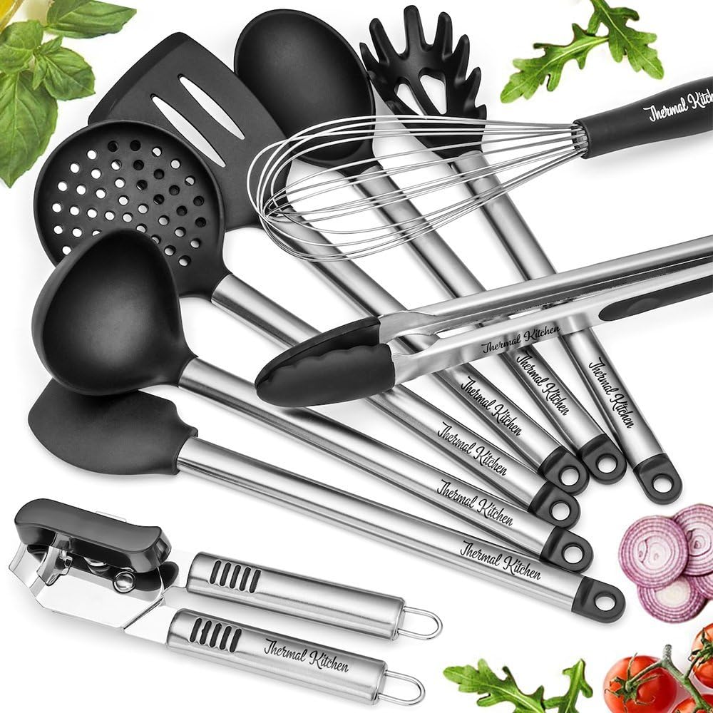 Thermal Kitchen Utensils – 8 Piece Cooking Utensil Set Silicone and Stainless Steel BONUS Can Opener – Professional BPA Free Heat Resistant Cookware Kit Suitable for Commercial Restaurant and Home