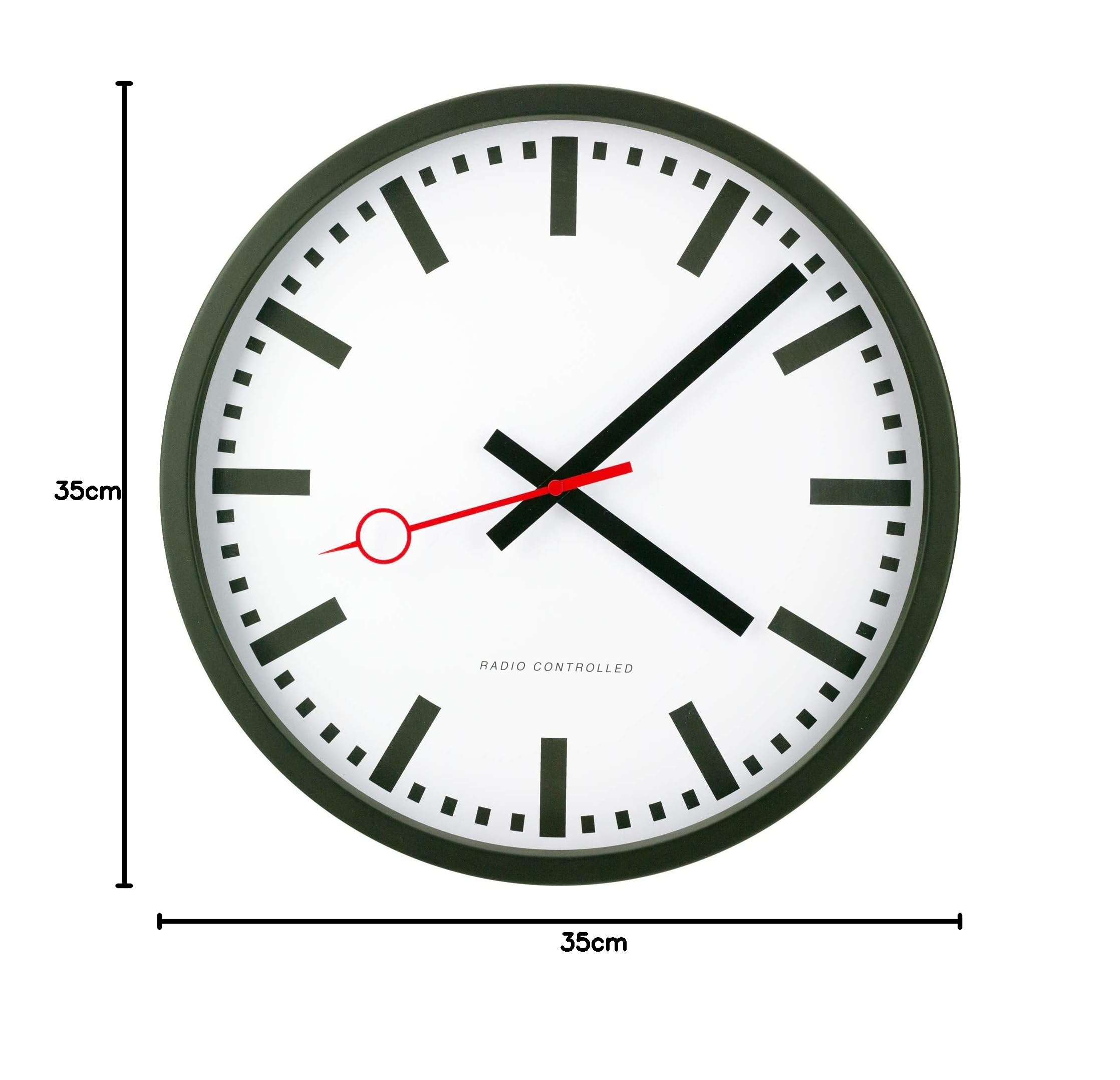 Eurotime Funkwanduhr, 35 cm, im Bahnhofsdesign, geräuscharmes Funkwerk, kein Ticken, Metallrahmen Mattschwarz, automatische Zeitein- und Zeitumstellung, für Wohnbereich oder Büro, 59530-05