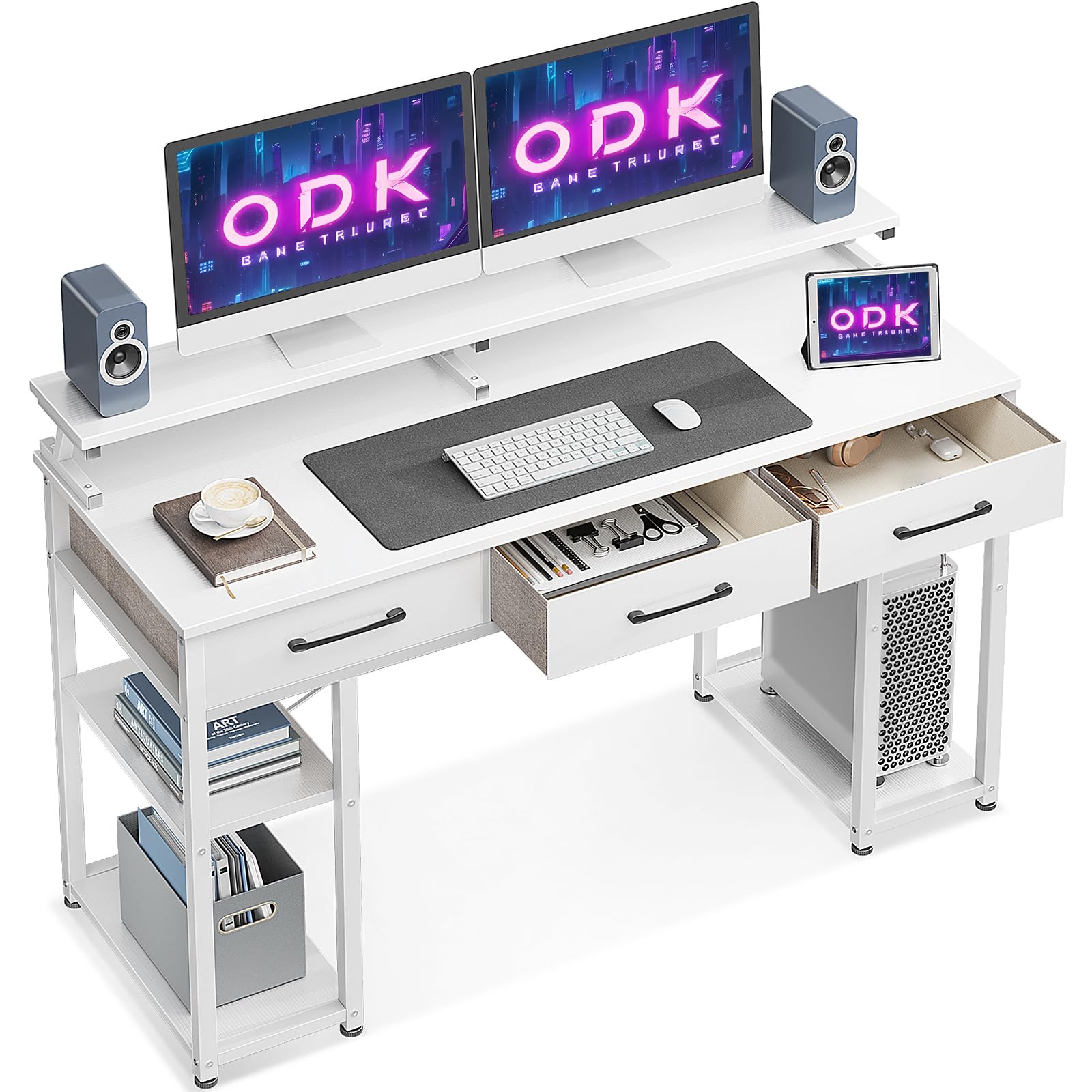 ODK Escritorio con 3 Cajones, Mesa Escritorio con Estante, Mesa Oficina con Soporte Monitor, Escritorio PC para Oficina y Hogar (120x50x90cm, Blanco)