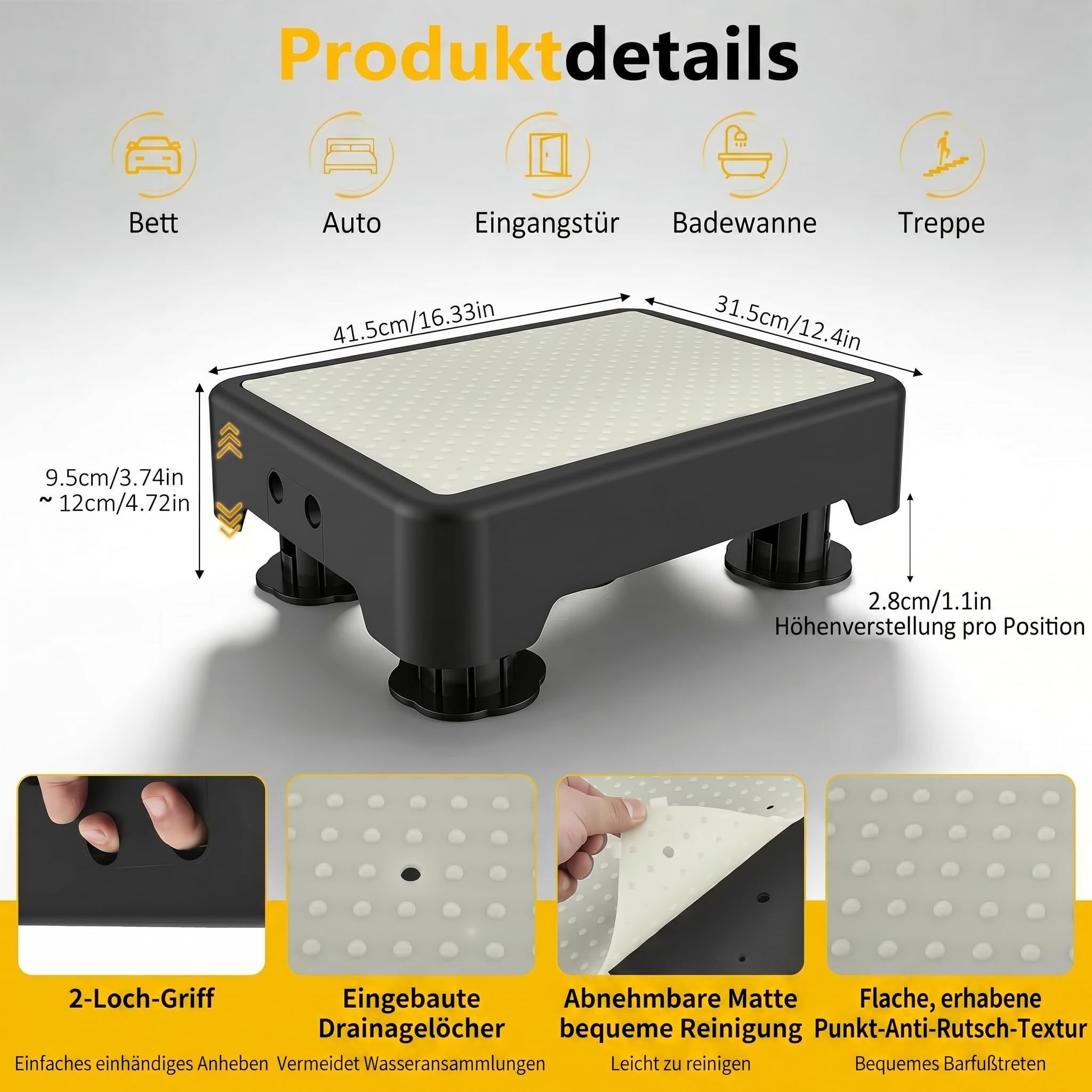 rutschfest Halbstufe 3-Stufig Höhenverstellbar, Nachleuchtende Trittstufe für Senioren & Kinder, Tragbare Tritthocker Bis 250 kg, Step Hocker für Bad, Wohnwagen (Fluoreszierendes Grün)