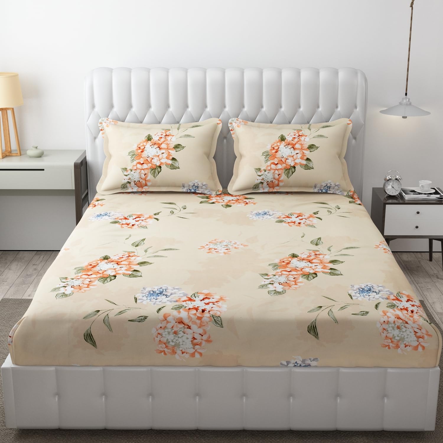 FRESH FROM LOOM Elastic Fitted Floral Bed Sheets King Size Bed with Two Pillow Cover,Soft Glace Cotton Bed Covers for Mattresses Tuck in,(Size,72 x 78 Inches(Fits up to 10 Inch),Rose Beige),144 TC-image-1