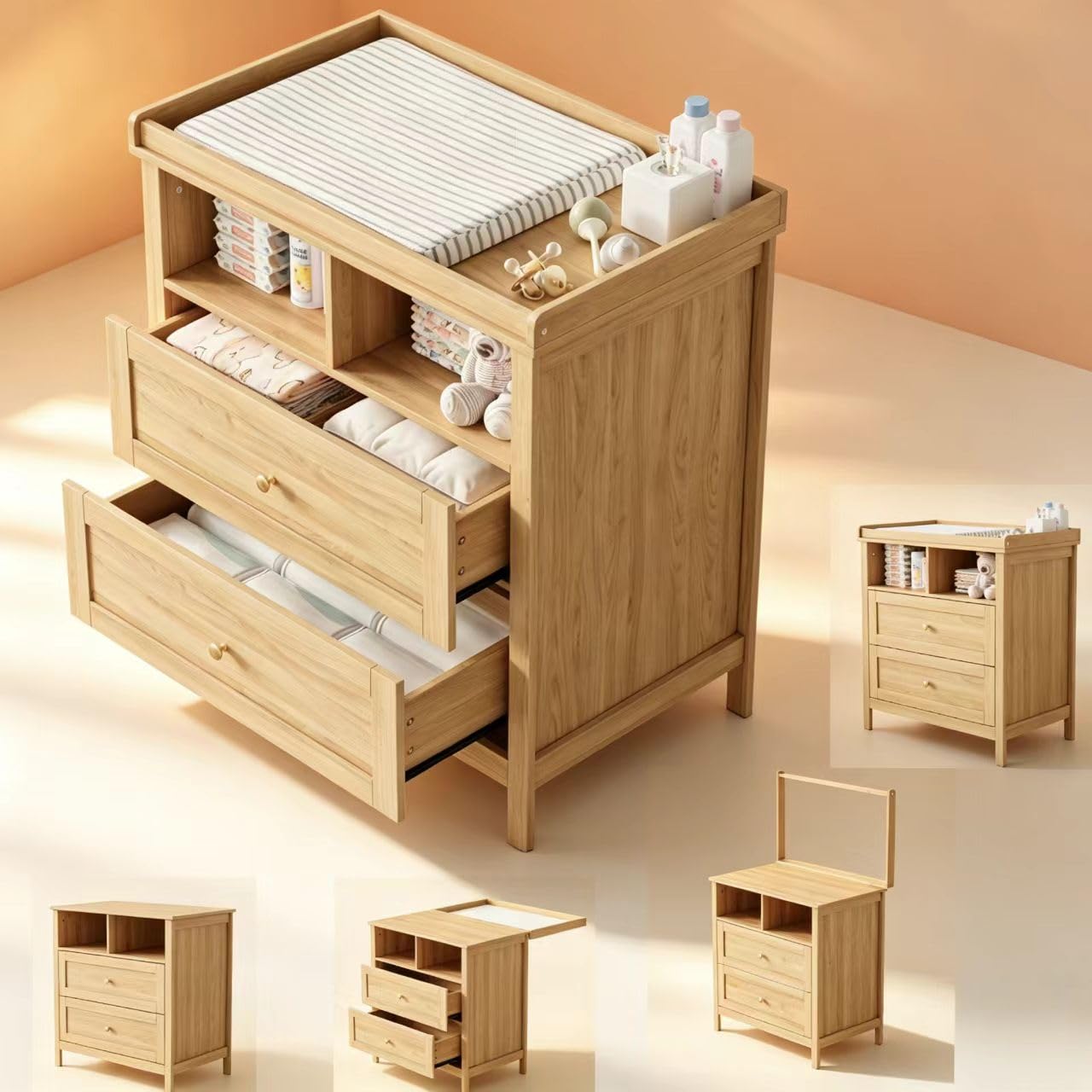 Commode à Langer Naturel - Wickelkommode en Bois avec Grande Table à Langer, 3 Tiroirs & Rangement, Meuble à Langer Bébé Sécurisé, Plan à Langer Amovible, 91 * 76.5 * 100cm, Naturel (Naturel-1)