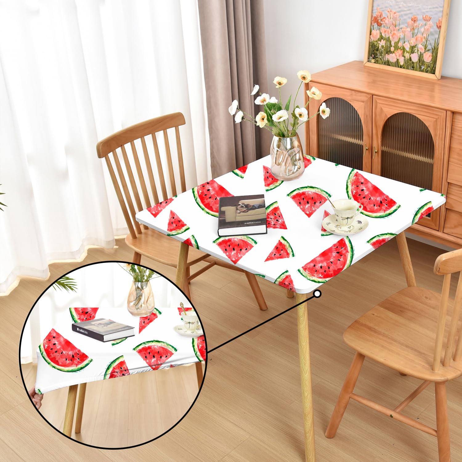 Amonsa Summer Watermelon Fitted Tablecloth with Elastic for 34x34 inch Square Folding Tables Washable Stretchy Spandex Card Table Covers Cloth Fabric Table Cloths Not Vinyl — image 1