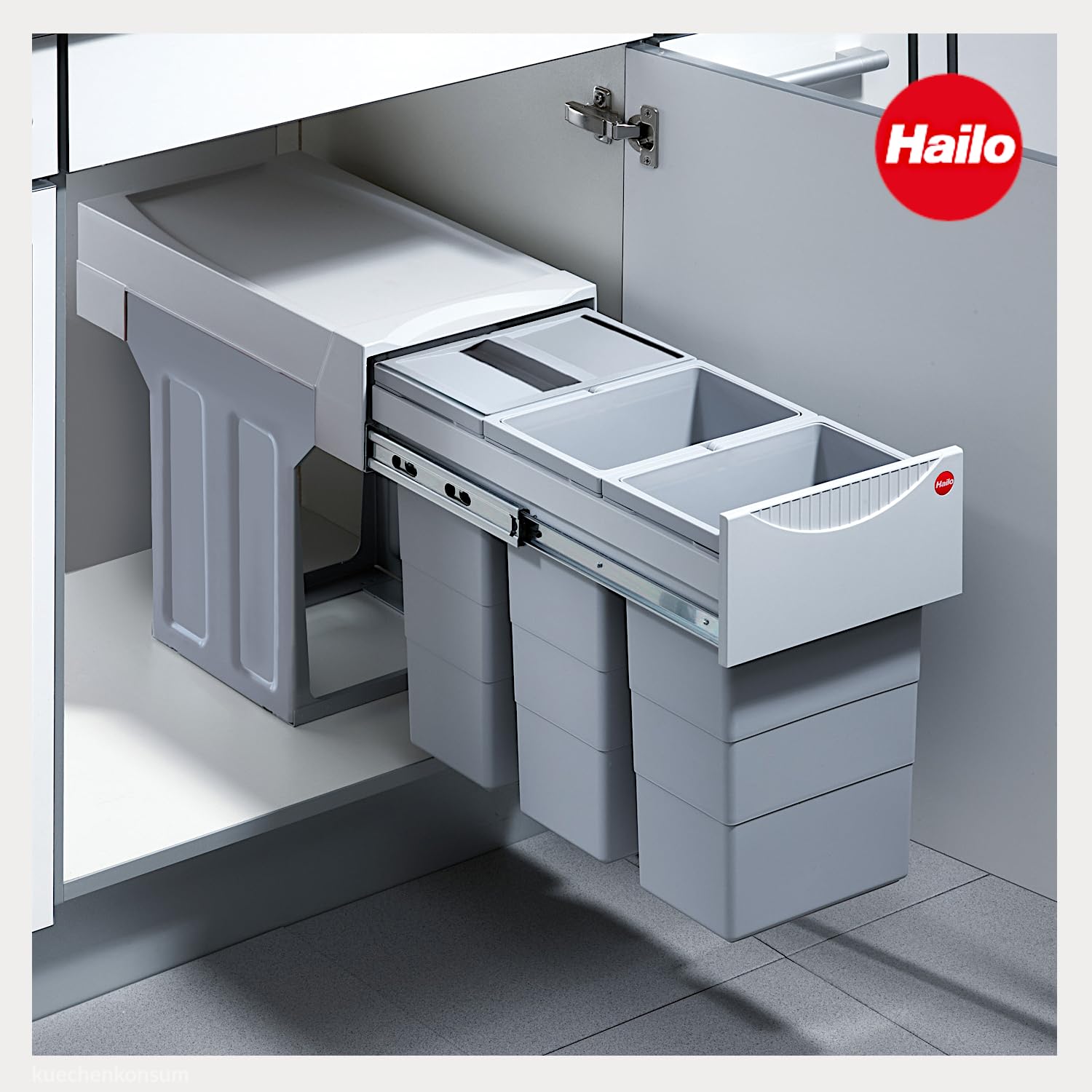 Hailo Abfallsammler 3666841 | Einbau-Mülleimer für 60er Schrank | 3x 10 Liter Abfalltrennung | Mülltrennsystem Terzett Swing TZ | Abfalltrennung in der Einbauküche | Kunststoff Hellgrau