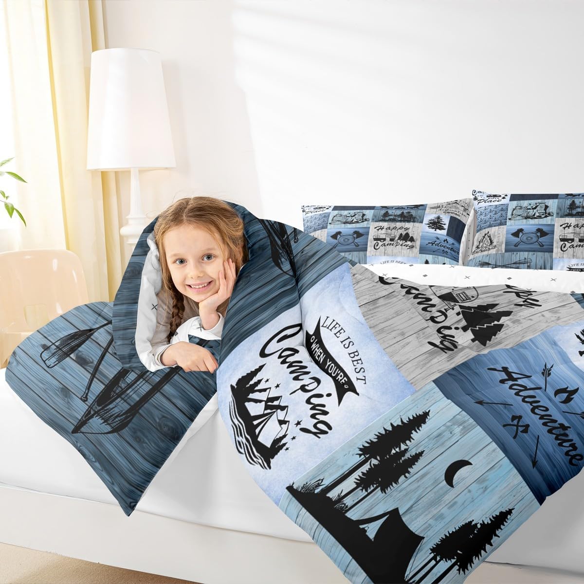 Happy Camping Comforter Set,Lake Boat Pine Tree Pattern Bedding Set 3Pcs,Vintage Rustic Farmhouse Quilt Set Black Blue Old Wood Patchwork Grid Duvet Insert Kids Boys Girls Adult Queen Size