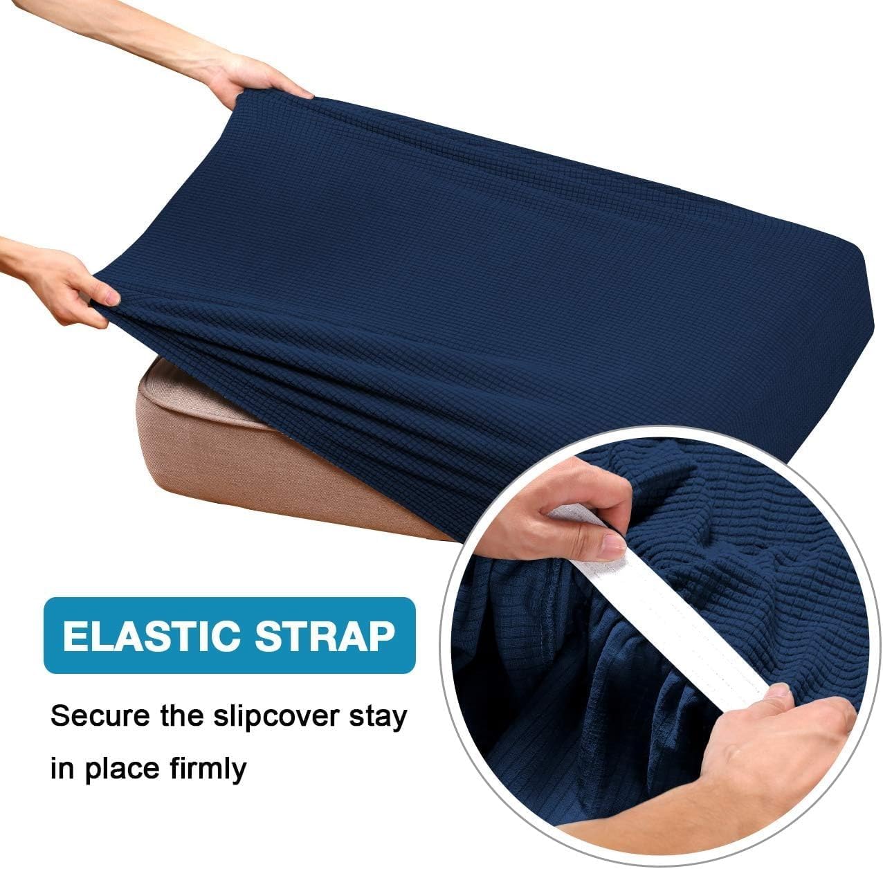 Flamingo P Large Couch Cushion Covers 2 Piece Set Sofa Seat Slipcovers for Deep Oversized Cushions with Elastic Bottom Furniture Protector for Pets & Kids, 2 Seat XL Cushion Cover, Navy