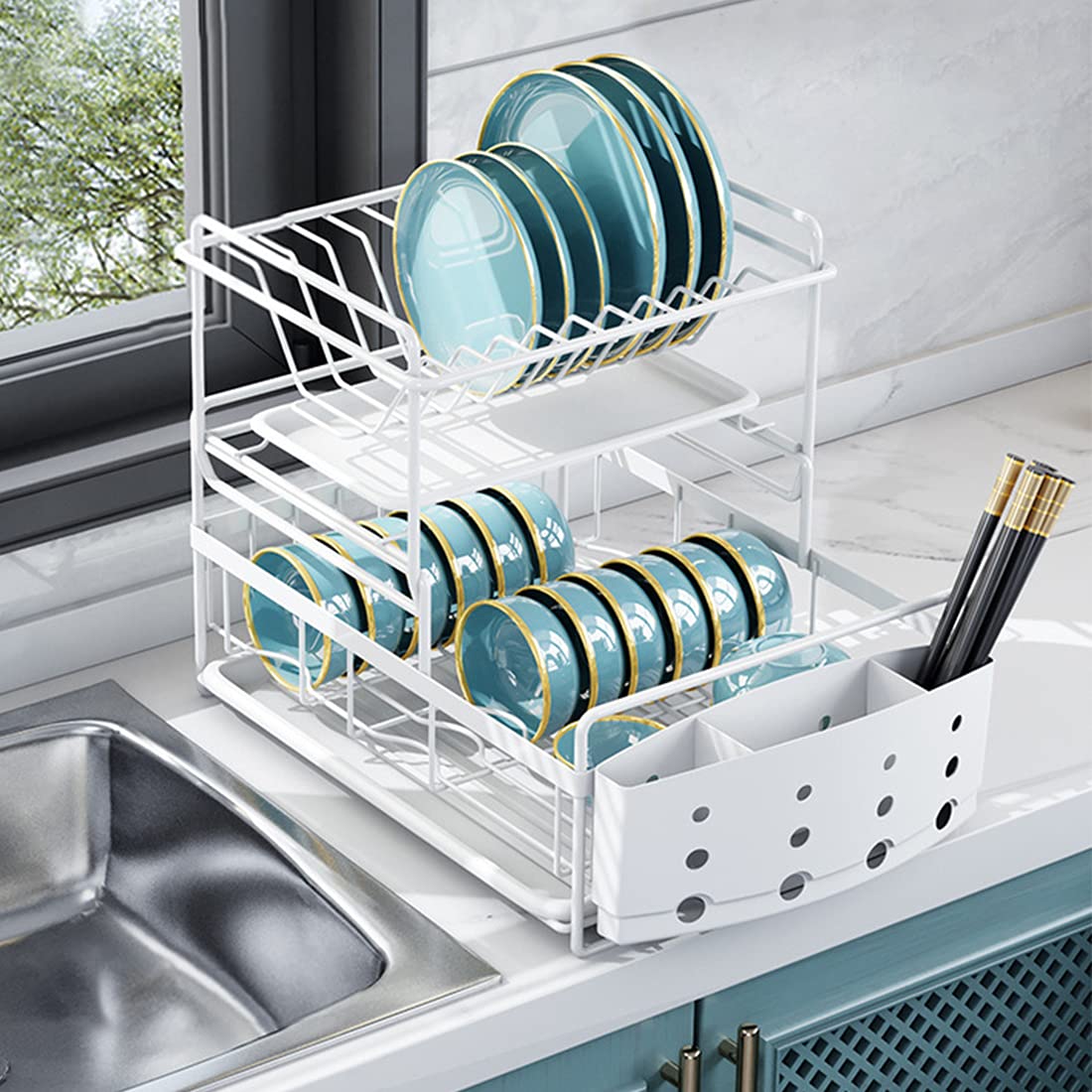 Feibrand Dish Rack Sink Drying Kitchen Metal Drainer Rack 2 Tier
